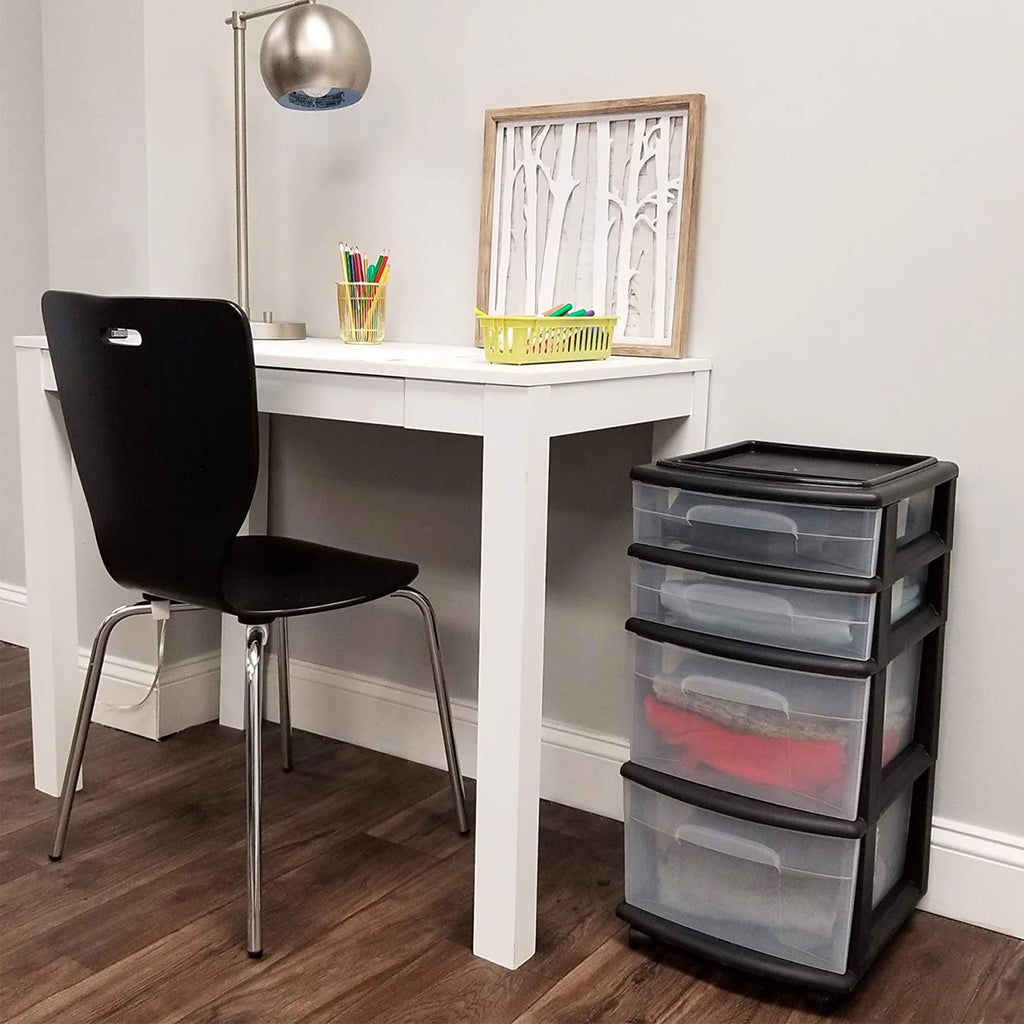 HOMZ Drawer Tower, 4-Tier Clear Plastic Storage Organizer Cart - Organizing Containers with Wheels for Home, Bathroom, Bedroom, Office, and Classroom