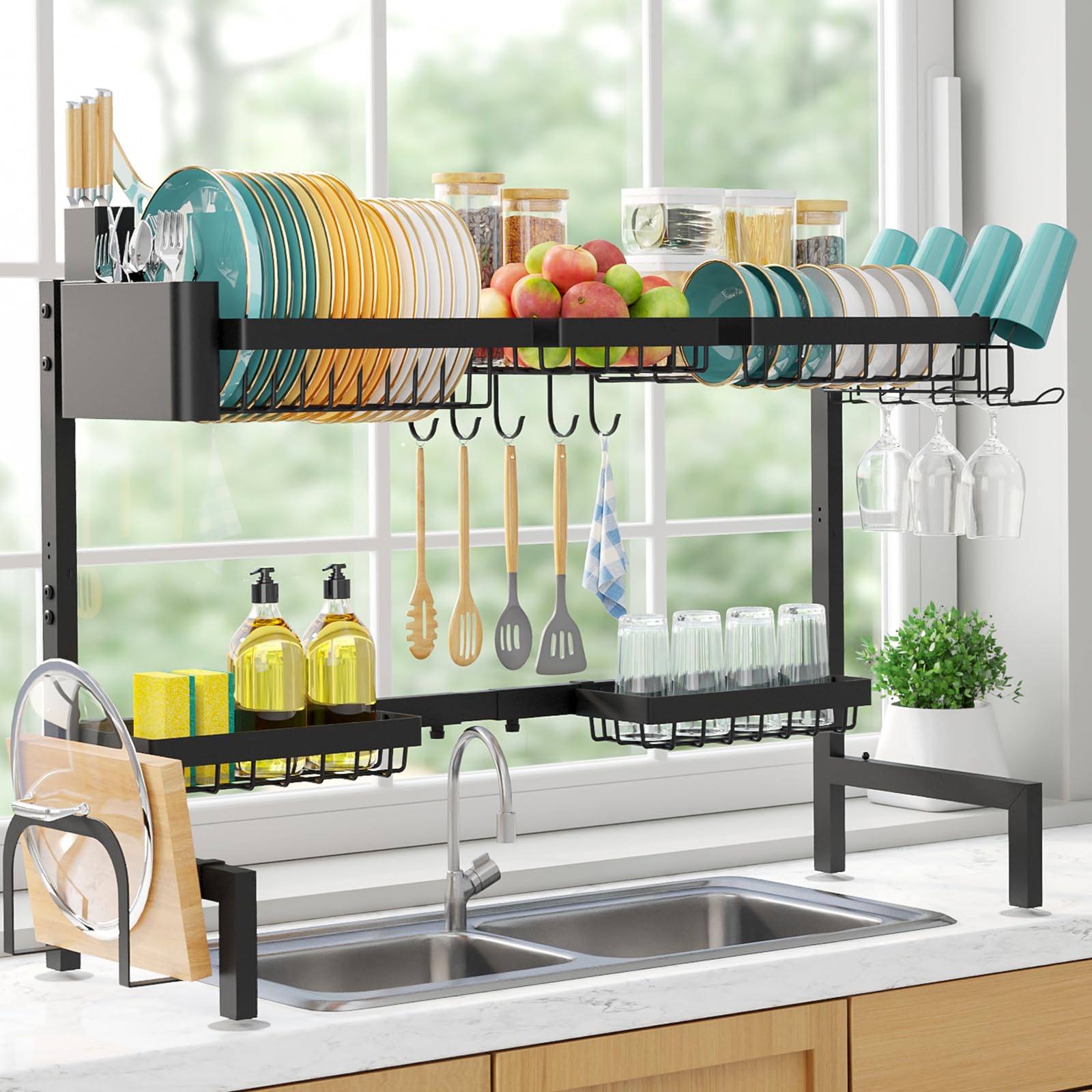 Sakugi Over The Sink Dish Drying Rack - Adjustable Stainless Steel Drainer with Cutlery & Utensil Holders, Kitchen Storage & Organization