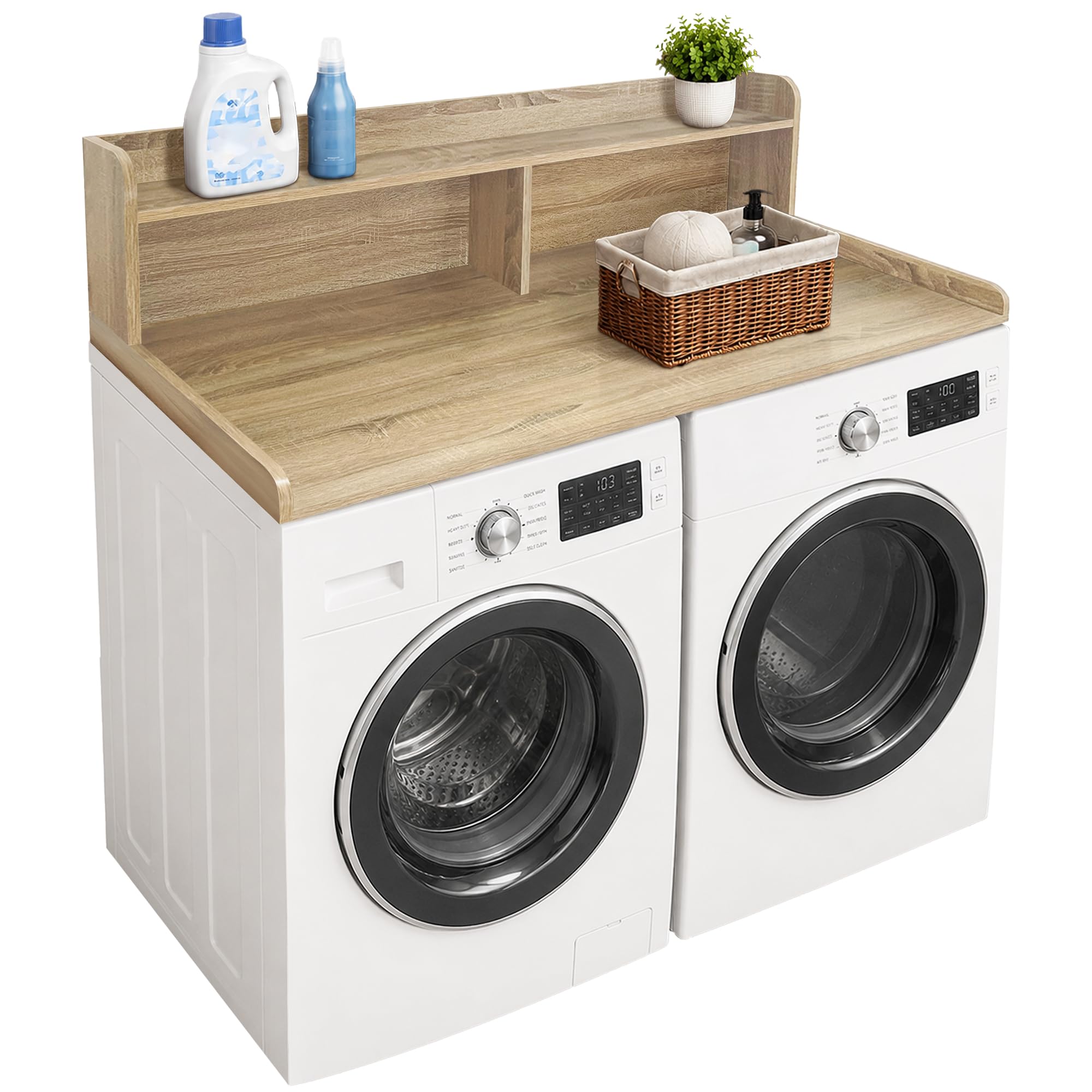 Royxen Laundry Countertop with 2-Tier Shelf Universal Fit, Washer and Dryer Countertop with Storage Space, Shelf Height 12 Inches, Solid Wood