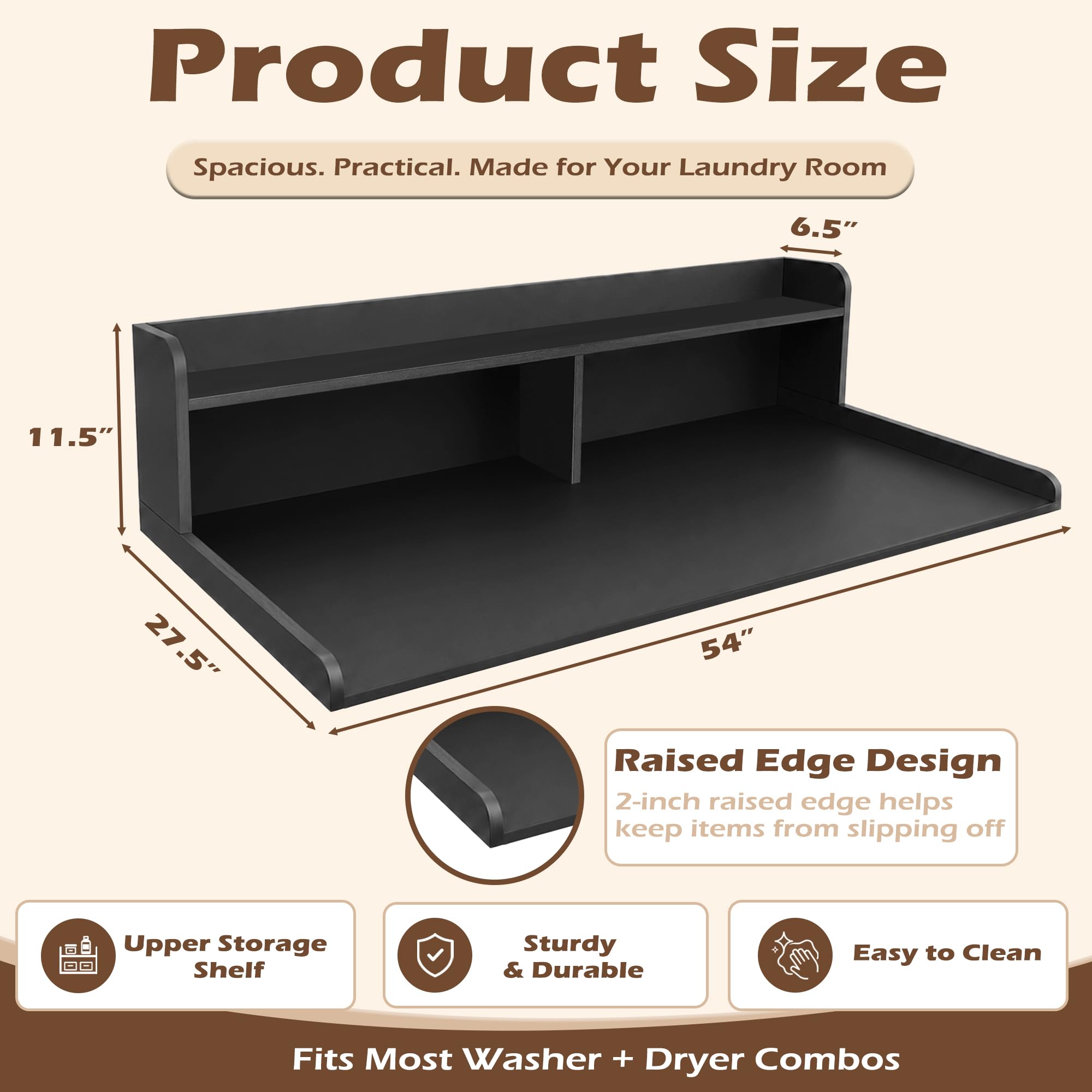 Royxen Laundry Countertop with 2-Tier Shelf Universal Fit, Washer and Dryer Countertop with Storage Space, Shelf Height 12 Inches, Solid Wood