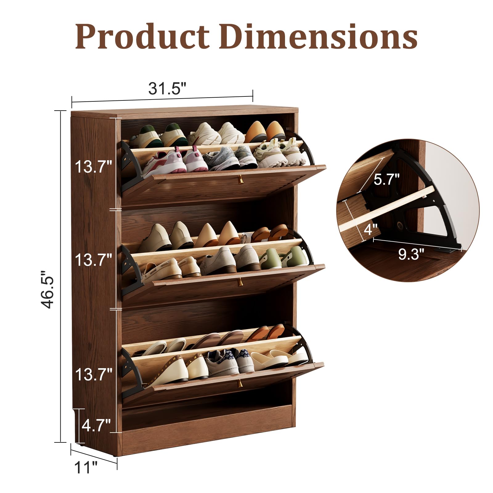 KungFuWood Soild Wood Shoe Storage Cabinet with 3 Flip Drawers for Entryway,Narrow Shoe Rack Cabinet with Adjustable Shelves,Morden Hidden Shoe Organizer,Foyer, Hallway