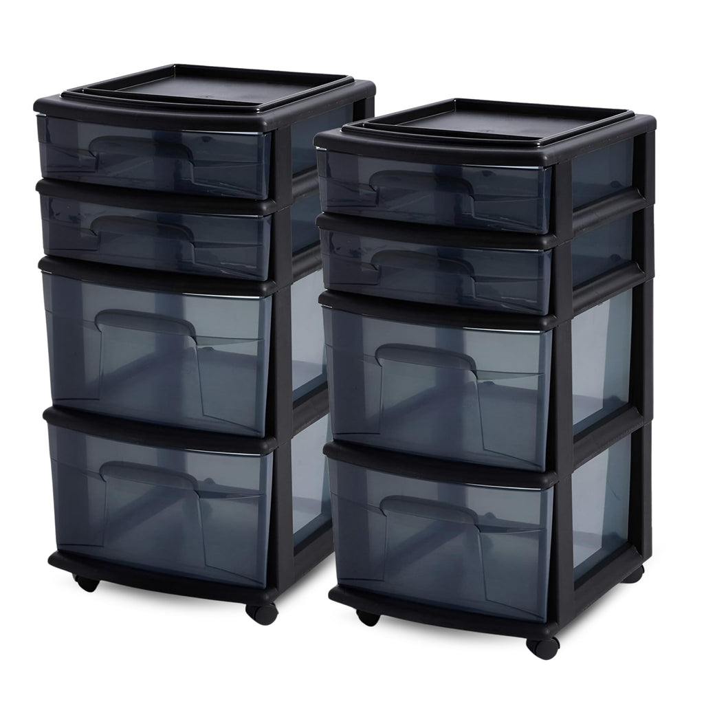 HOMZ Drawer Tower, 4-Tier Clear Plastic Storage Organizer Cart - Organizing Containers with Wheels for Home, Bathroom, Bedroom, Office, and Classroom