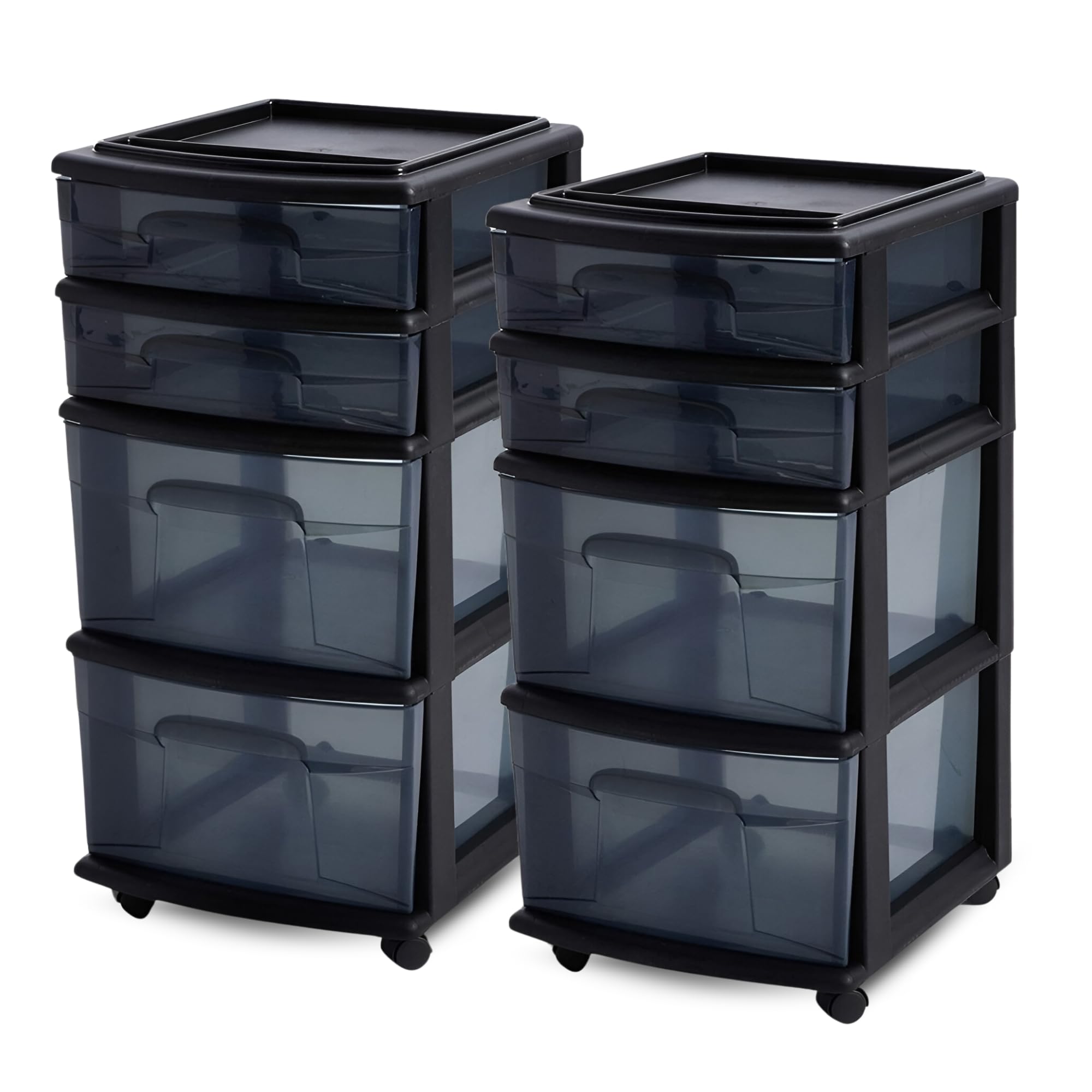 HOMZ Drawer Tower, 4-Tier Clear Plastic Storage Organizer Cart - Organizing Containers with Wheels for Home, Bathroom, Bedroom, Office, and Classroom