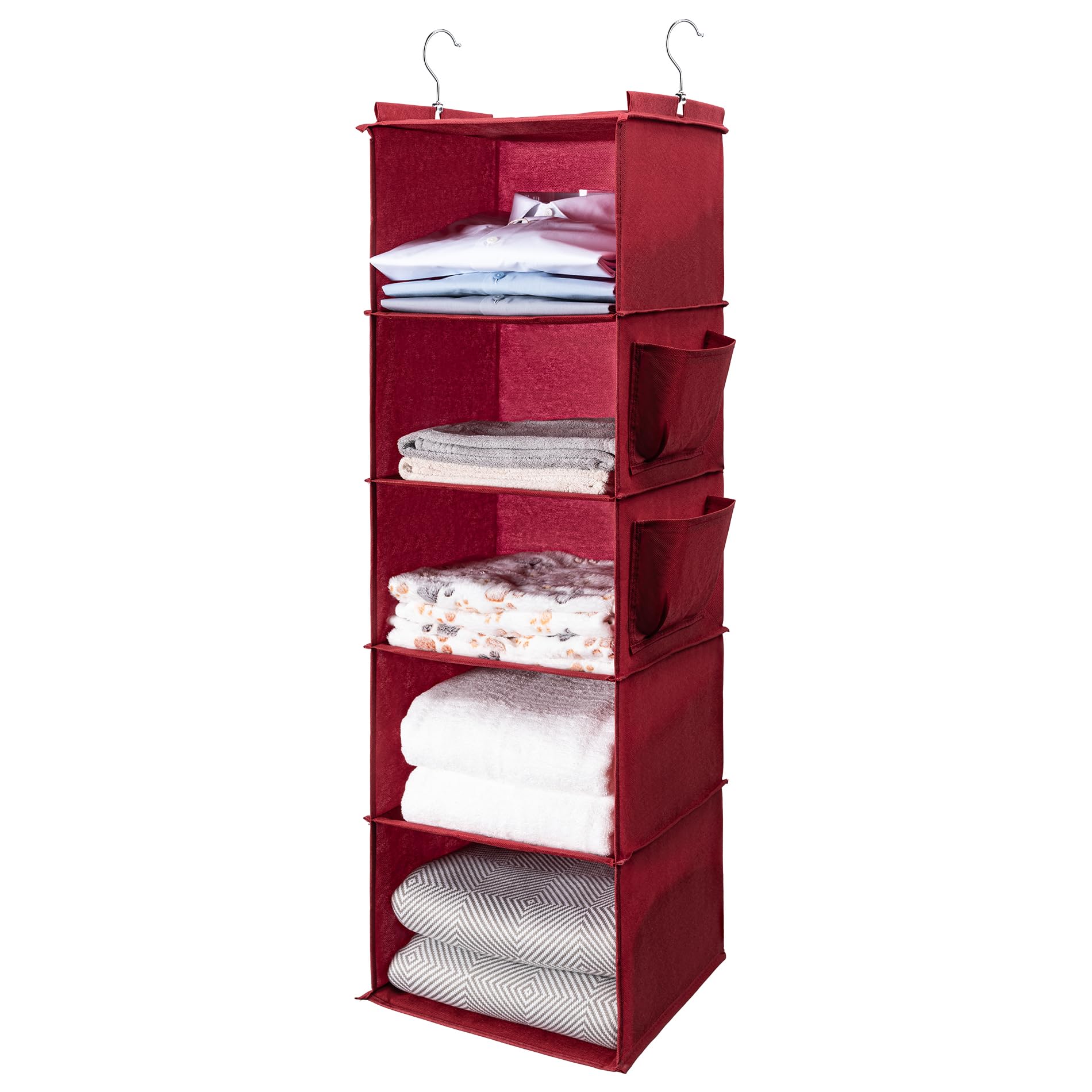 BOOMIBOO Hanging Closet Organize and Shelves，5-Hanging Shelf with 2 Side Pockets，Storage Foldable