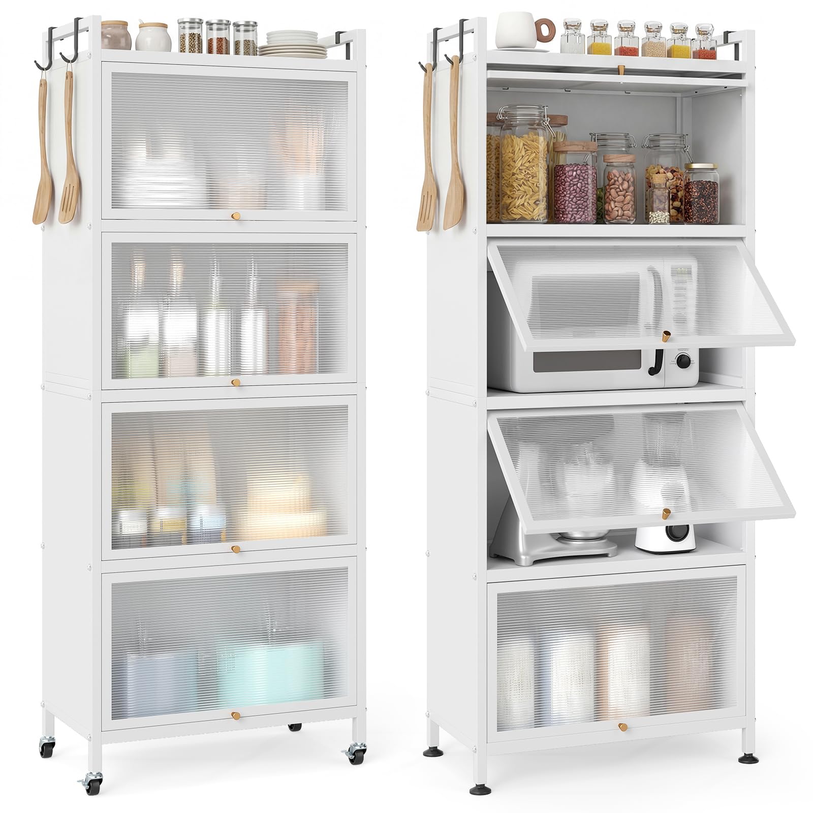 Giantex 5-Tier Kitchen Storage Cabinet, Mobile Microwave Stand with Flip-up PC Doors, Freestanding Kitchen Bakers Rack with 4 Rolling Casters, for Dining Room, Living Room and Study
