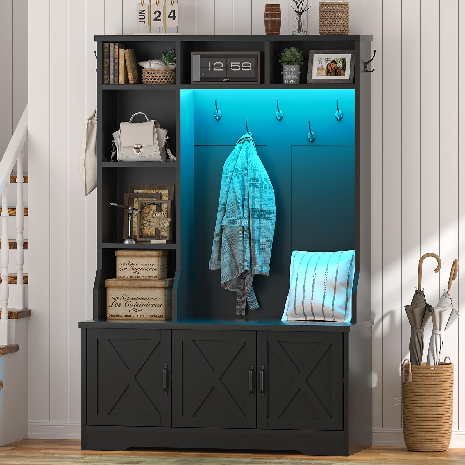 CSZZD Hall Tree with Bench and Shoe Storage, Farmhouse Entryway Bench with Coat Racks and Led Lights, Tall Hall Tree with 7 Coat Hooks, 6 Storage Cubbies