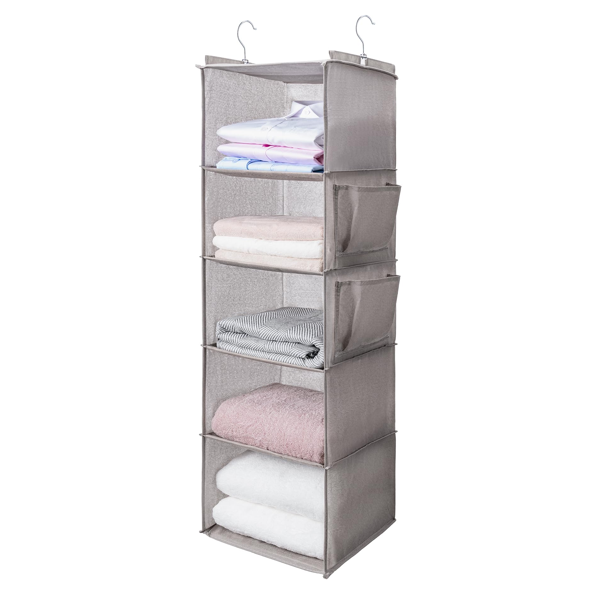 BOOMIBOO Hanging Closet Organize and Shelves，5-Hanging Shelf with 2 Side Pockets，Storage Foldable