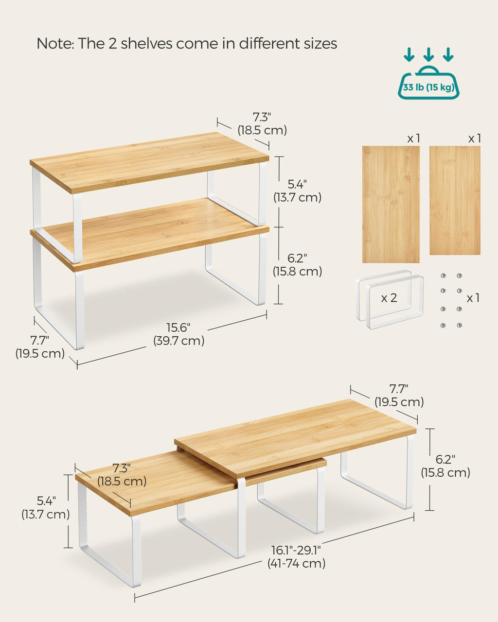 SONGMICS Cabinet Organizer Shelf, Set of 2 Kitchen Counter Shelves, Kitchen Storage, Spice Rack, Stackable, Expandable, Metal and Engineered Wood