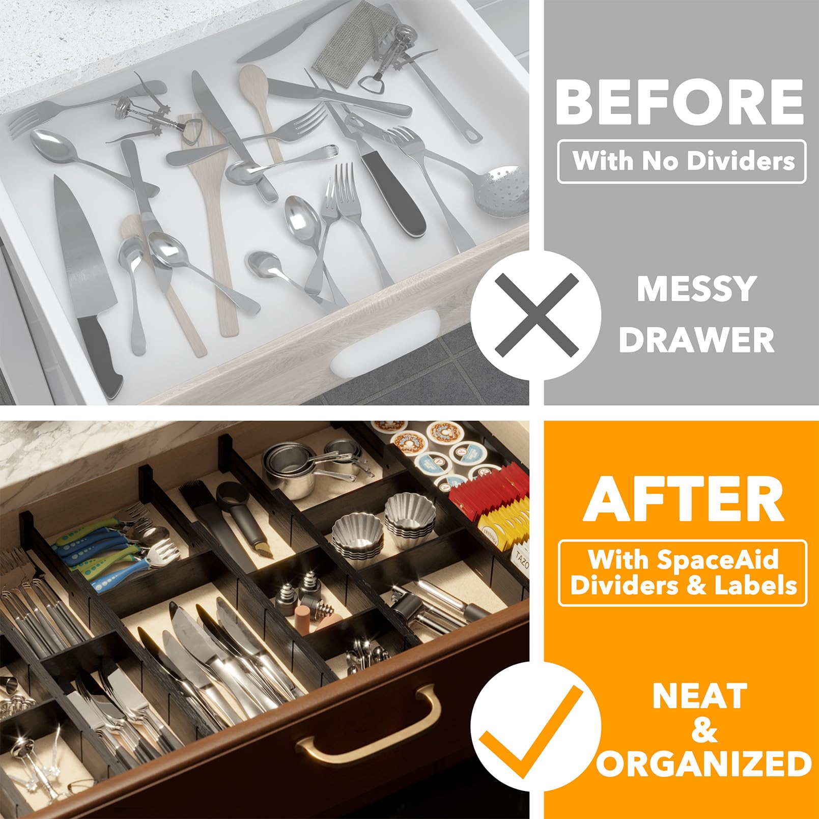 SpaceAid Bamboo Drawer Dividers with Inserts and Labels, Kitchen Adjustable Drawer Organizers, Expandable Organization for Home, Office, Dressers, 4 Dividers with 9 Inserts