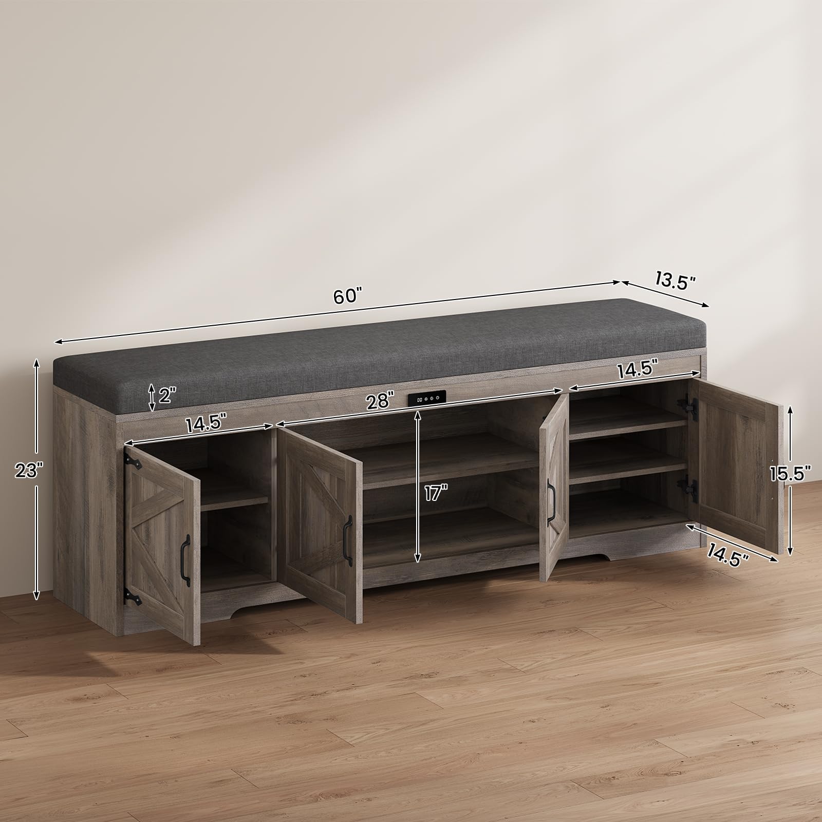 UPOSOJA Farmhouse Storage Bench with Cushion, Metal and Wood Shoe Rack Organizer, Adjustable Shelf, Shoe Cabinet with Half Hidden Storage Space, for Entryway, Bedroom, Living Room