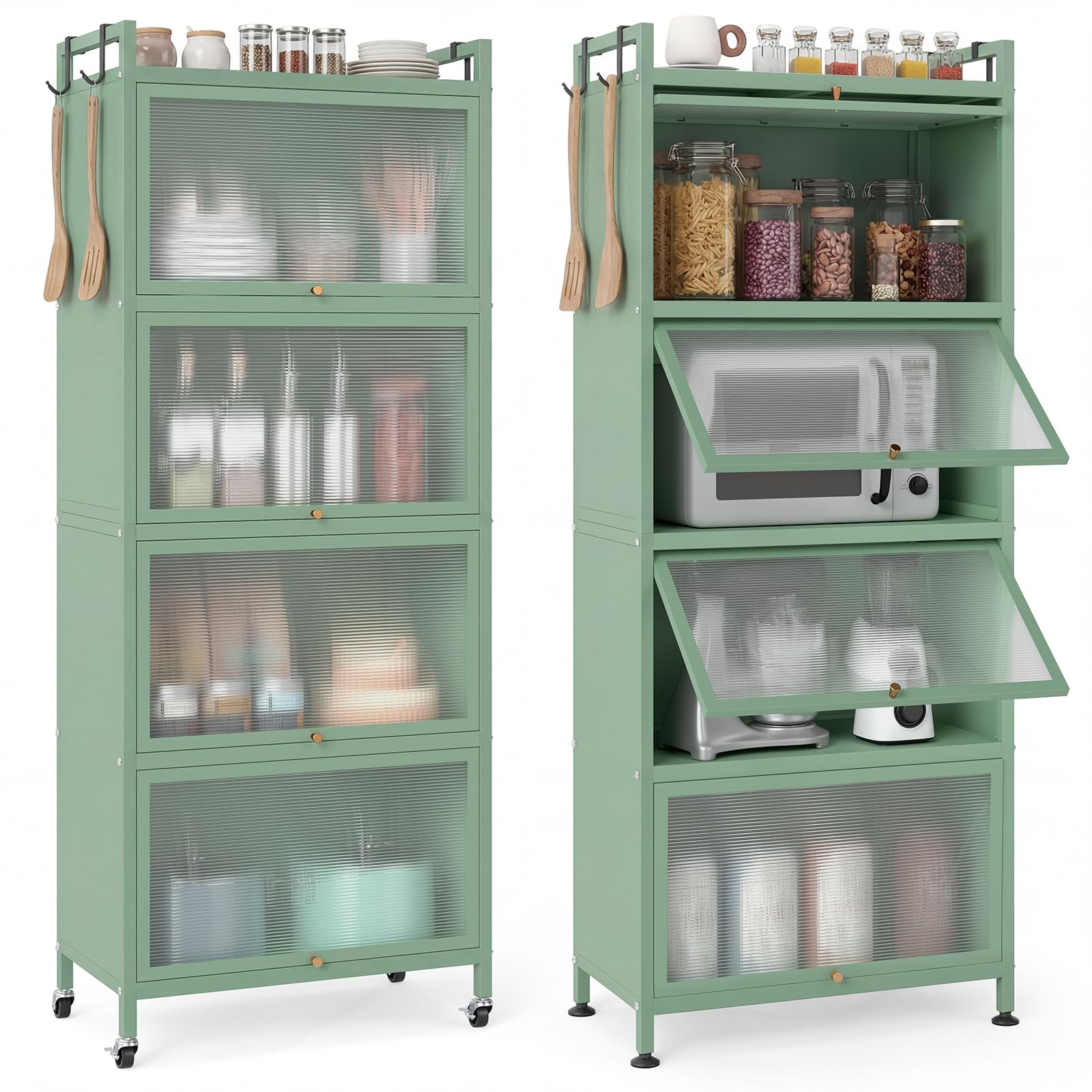Giantex 5-Tier Kitchen Storage Cabinet, Mobile Microwave Stand with Flip-up PC Doors, Freestanding Kitchen Bakers Rack with 4 Rolling Casters, for Dining Room, Living Room and Study