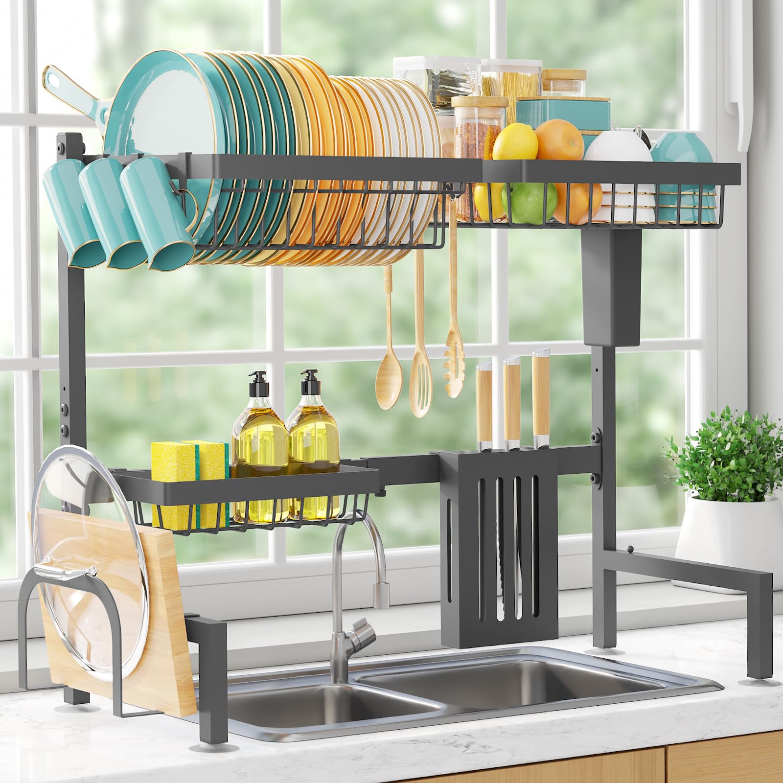 Sakugi Over The Sink Dish Drying Rack - Adjustable Stainless Steel Drainer with Cutlery & Utensil Holders, Kitchen Storage & Organization