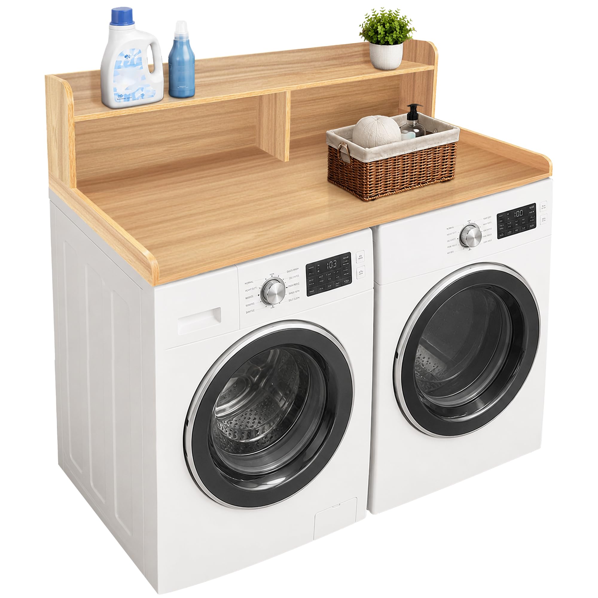 Royxen Laundry Countertop with 2-Tier Shelf Universal Fit, Washer and Dryer Countertop with Storage Space, Shelf Height 12 Inches, Solid Wood
