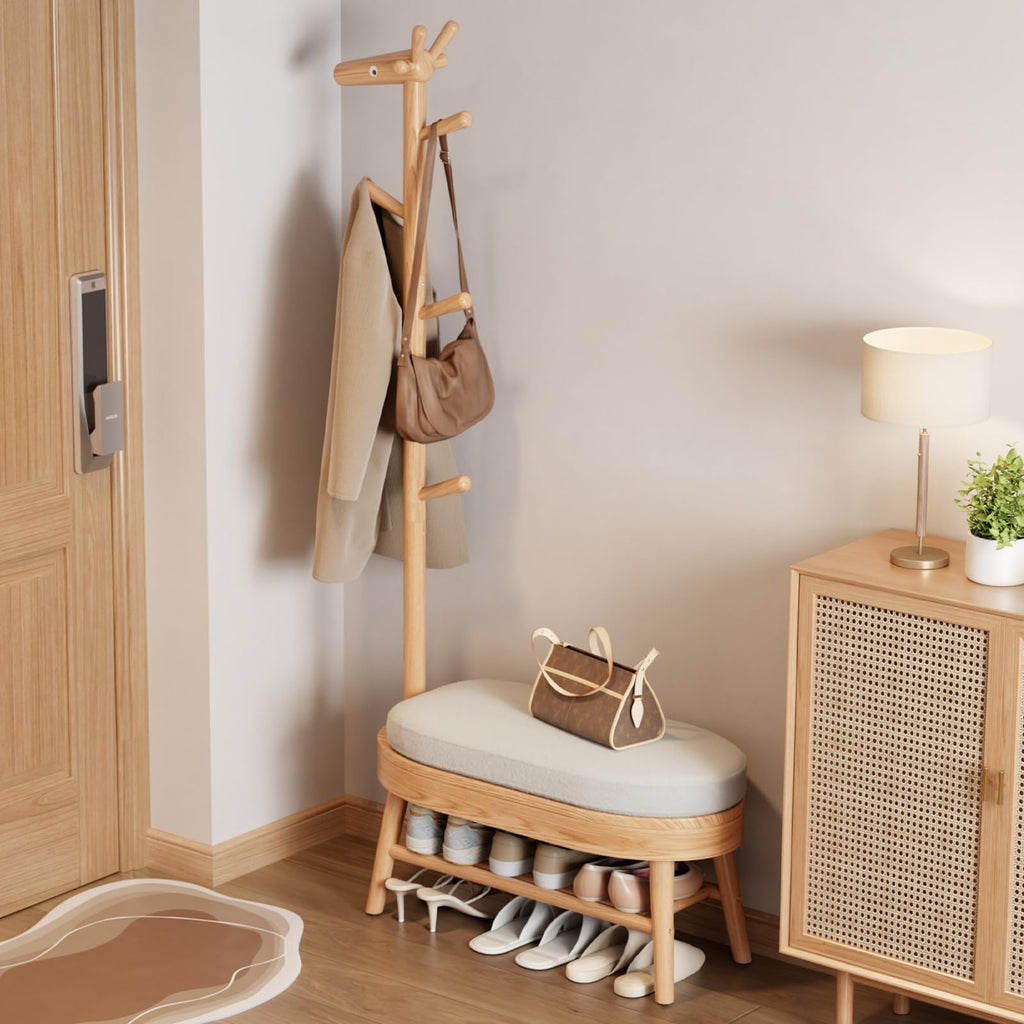 AQIMUELE Solid Wood Shoe Bench and Coat Rack