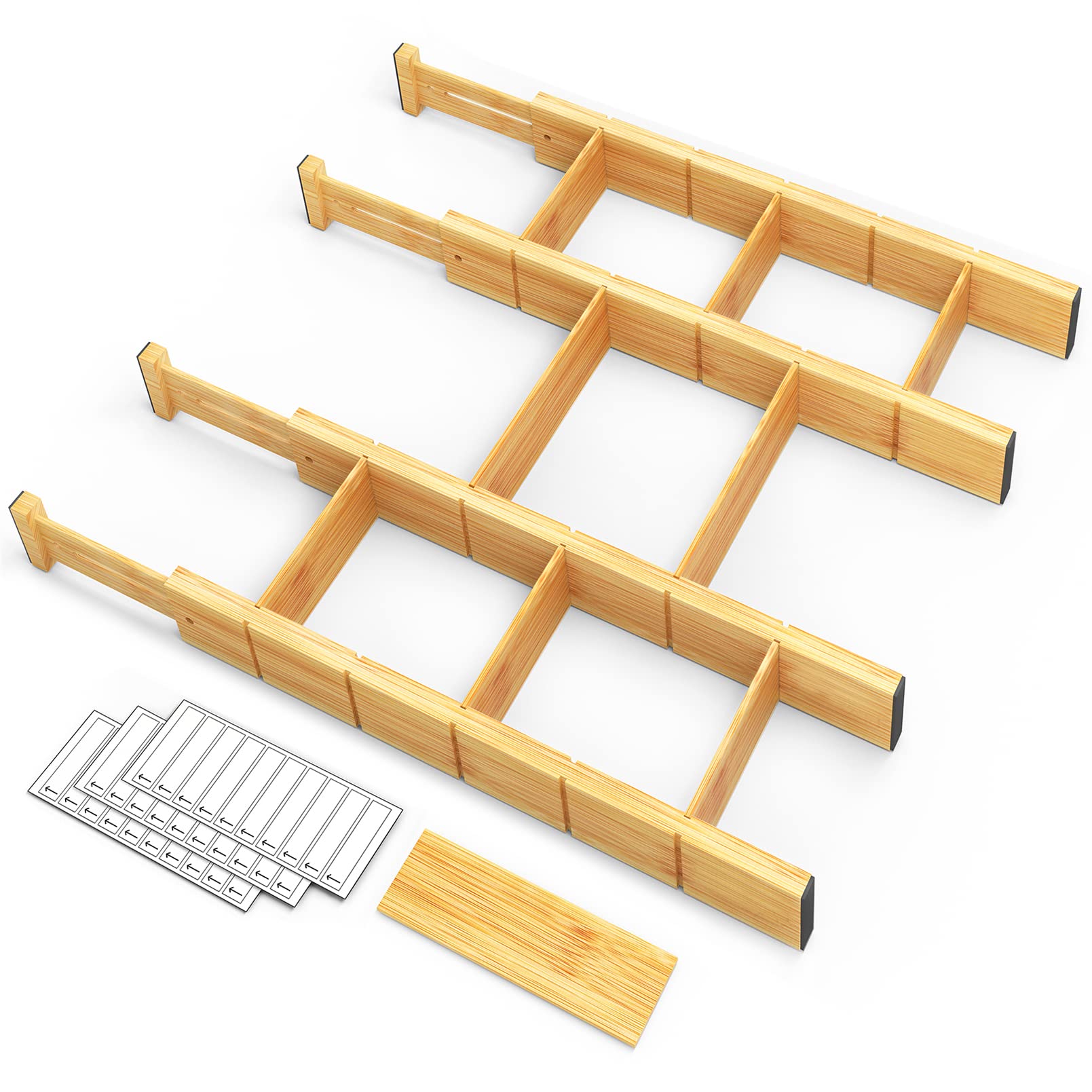 SpaceAid Bamboo Drawer Dividers with Inserts and Labels, Kitchen Adjustable Drawer Organizers, Expandable Organization for Home, Office, Dressers, 4 Dividers with 9 Inserts