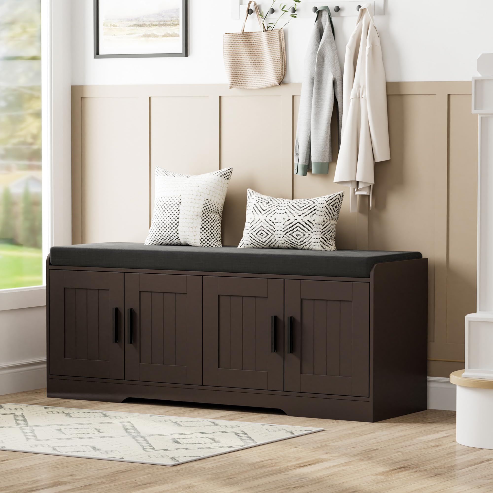 Homleke 2-Tier Storage Bench, Shoe Bench with Padded Seat Cushion, Entryway Bench with Doors, Adjustable Shelf, for Entryway, Living Room, Bedroom