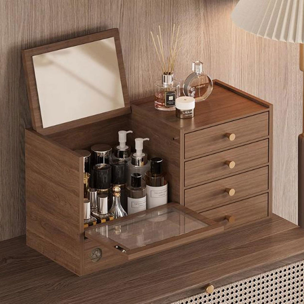 SHENJIA Wooden Makeup Organizer with 4 Drawers and Built-in Mirror - Solid Wood Storage Box for Makeup Accessories and Jewelry - Compact Dressing Table Organizer
