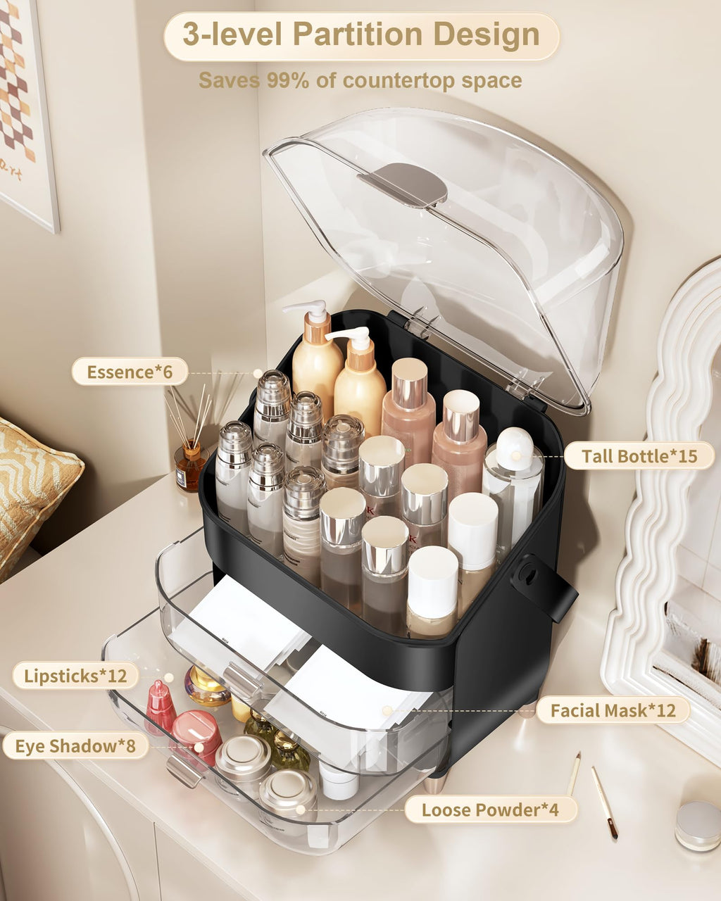 Makeup Organizer Countertop, Skincare Holder Bathroom Counter Organizer, Storage Box Cosmetic Display Cases, Teen Girl Gifts Make up Organizers