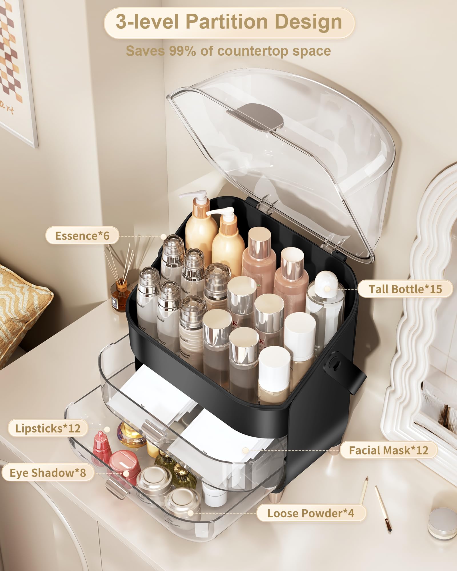 Makeup Organizer Countertop, Skincare Holder Bathroom Counter Organizer, Storage Box Cosmetic Display Cases, Teen Girl Gifts Make up Organizers