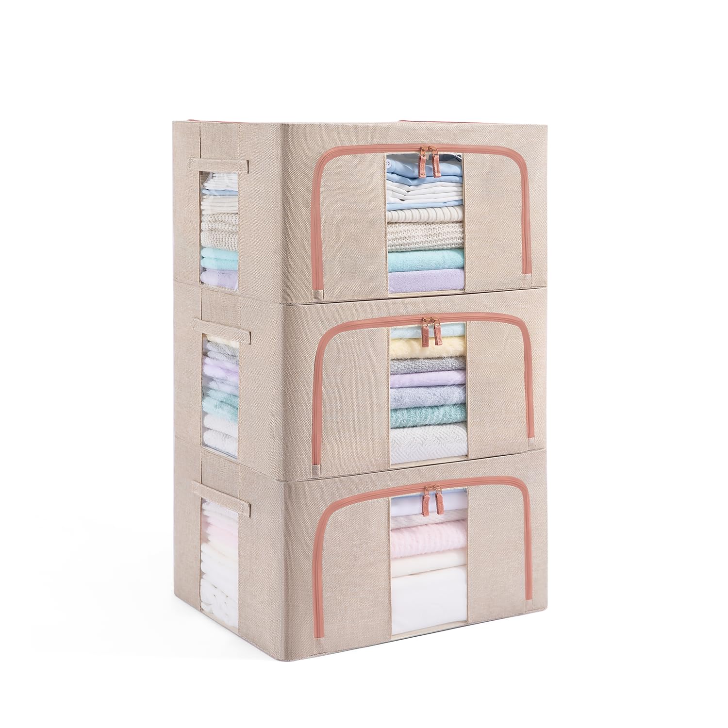 GuliPostan 3 Pack 100L Stackable Clothes Storage Bins with Metal Frame Handles & Zipper, Collapsible Closet Organizer Box with Lid for Bedding Blankets Towel (Beige)