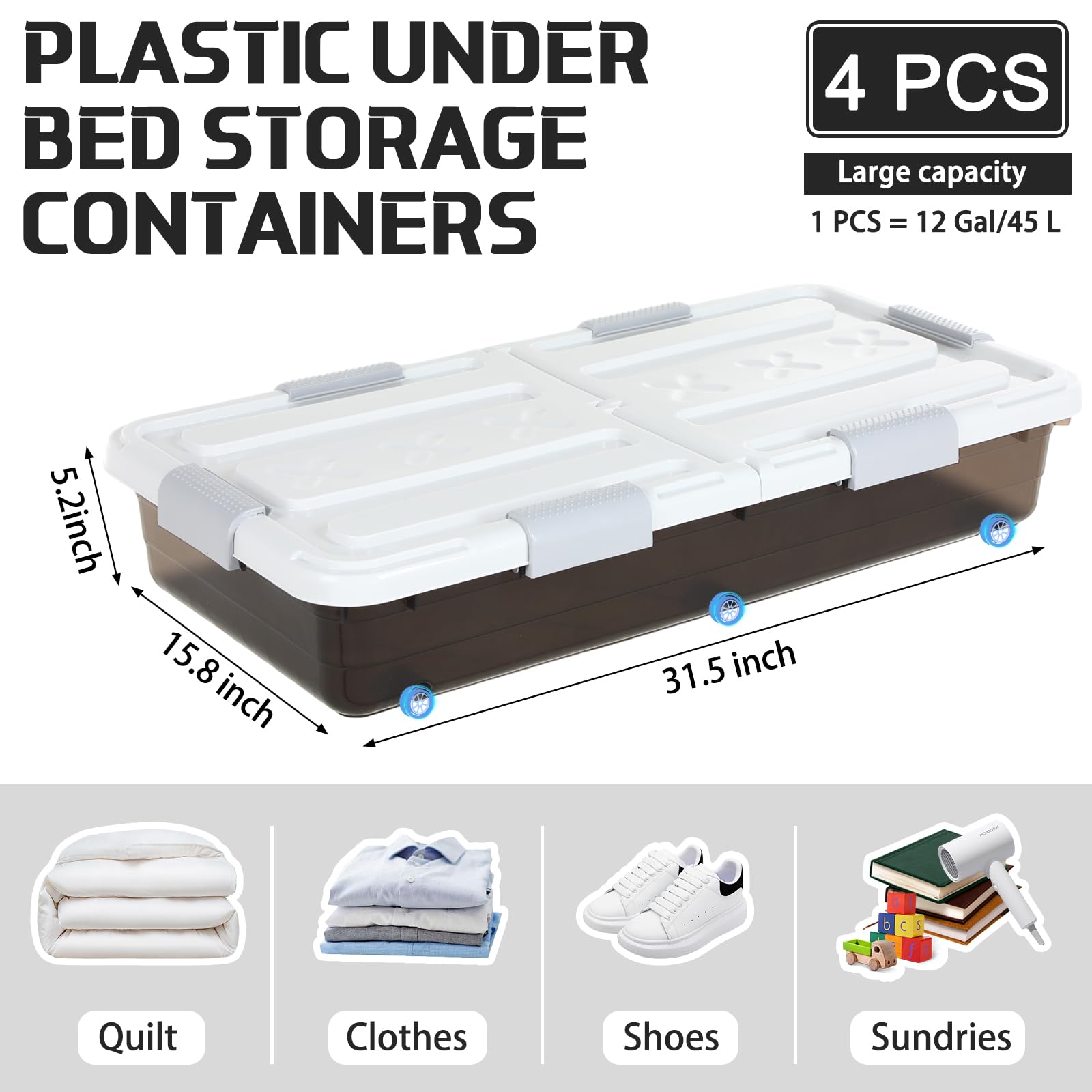Beeveer 4 Pcs Plastic Under Bed Storage Container with Double Opening Lid Wheel Handle, Transparent Large Capacity Stackable Latching Festival Storage Bin for Closet Bedroom, 31.5x15.8x5.2 In