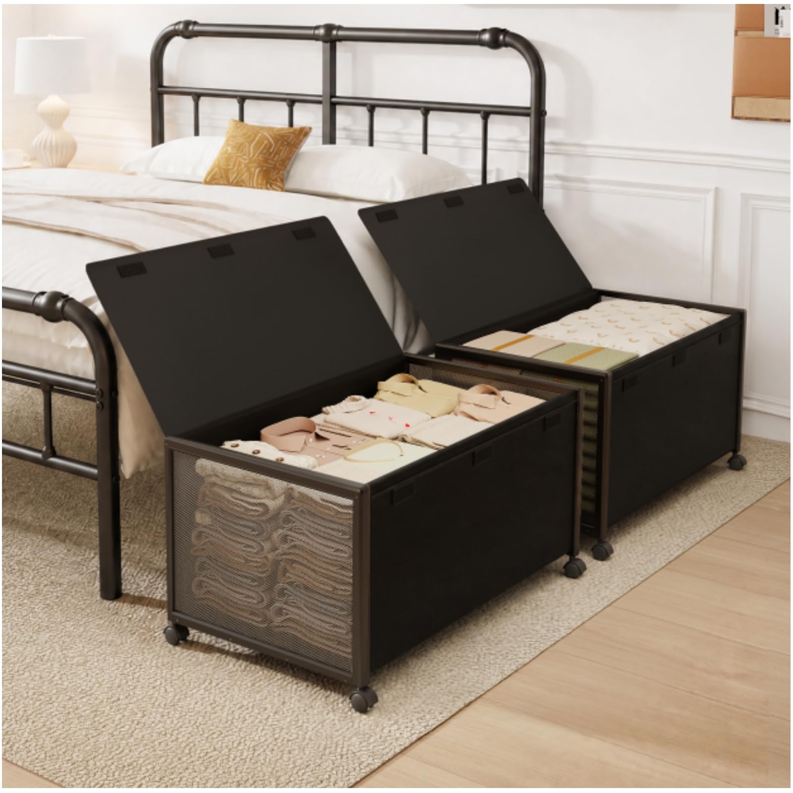 Fokyfok 2 Pack Under the Bed Storage Containers,31 inch Long Underbed Storage with Wheels,12 inch Height Under Bed Shoe Storage,Large Rolling under bed Clothes Storage Drawers with Lid for Dorm,Parent