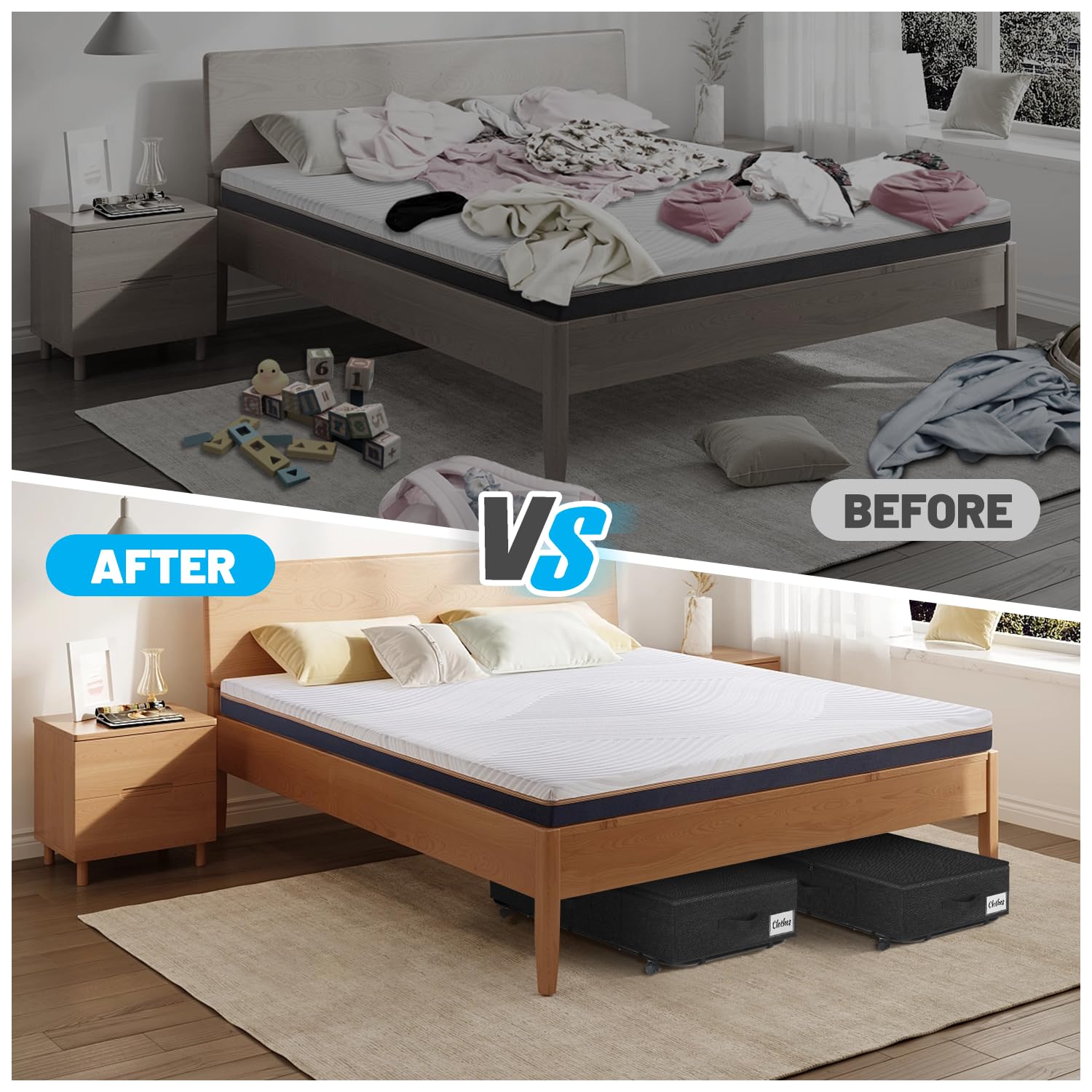 Under Bed Storage with Wheels, 2-Pack 10" Height XXL 60L Rolling Storage Bins, Quick Assembly Underbed Shoe Storage Containers with Clear Lid & Label, Dorm Under bed Drawers for Clothes, Shoes