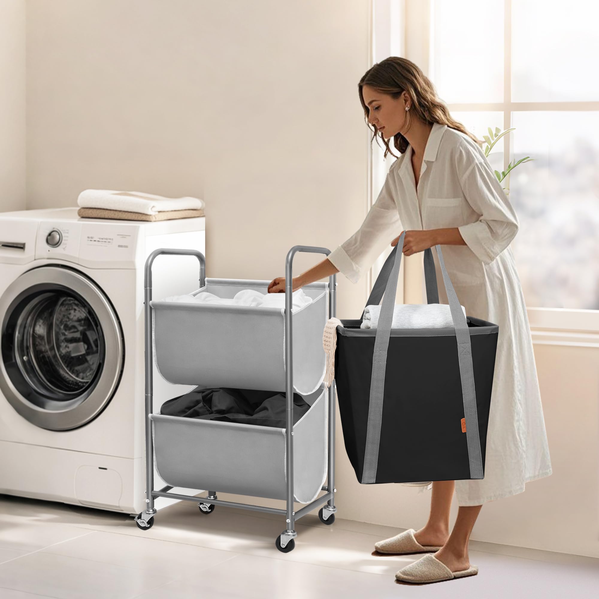 STORAGE MANIAC 80 Liters Vertical Rolling Laundry Hamper, 2 Section Laundry Sorter with Wheels and 2 Breaks, 2-tier Laundry Baskets for Small Space, Dorm, Laundry Room, Closet, Bathroom