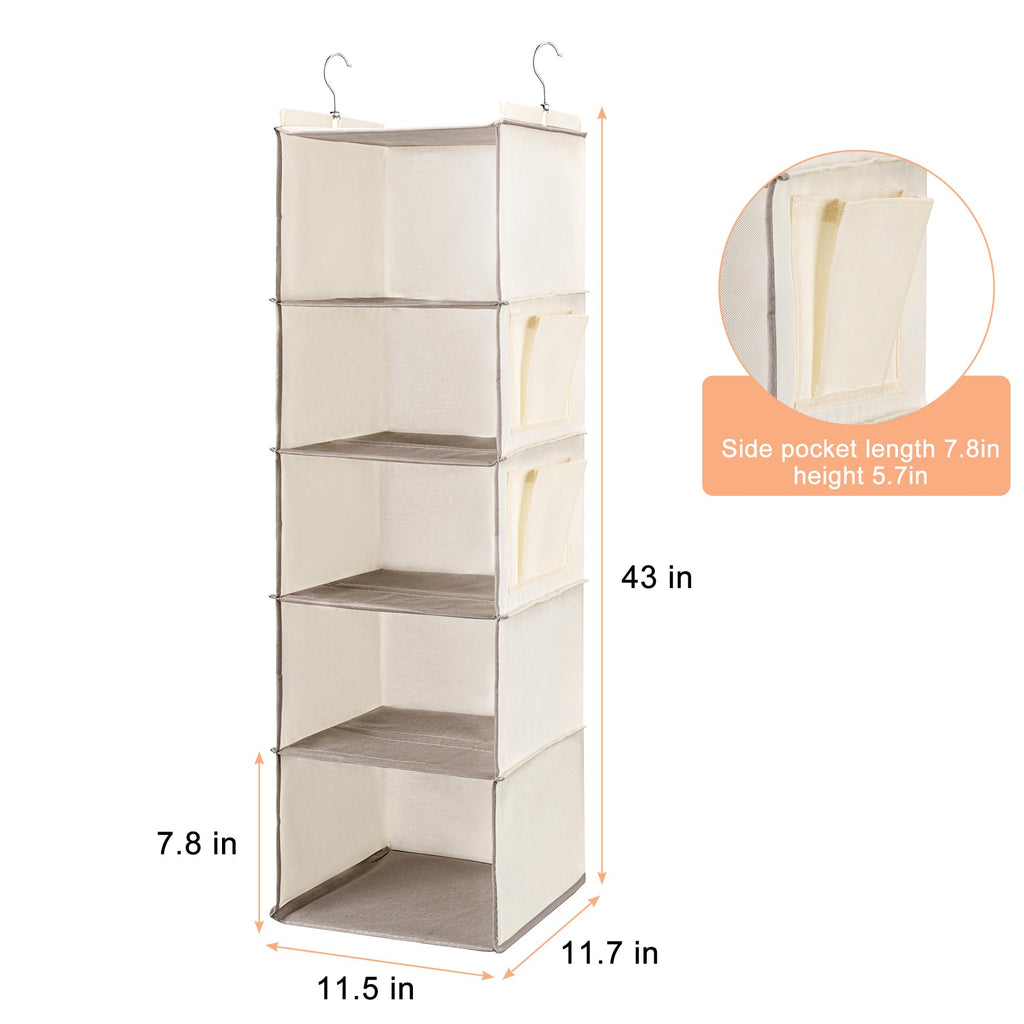 BOOMIBOO Hanging Closet Organize and Shelves，5-Hanging Shelf with 2 Side Pockets，Storage Foldable