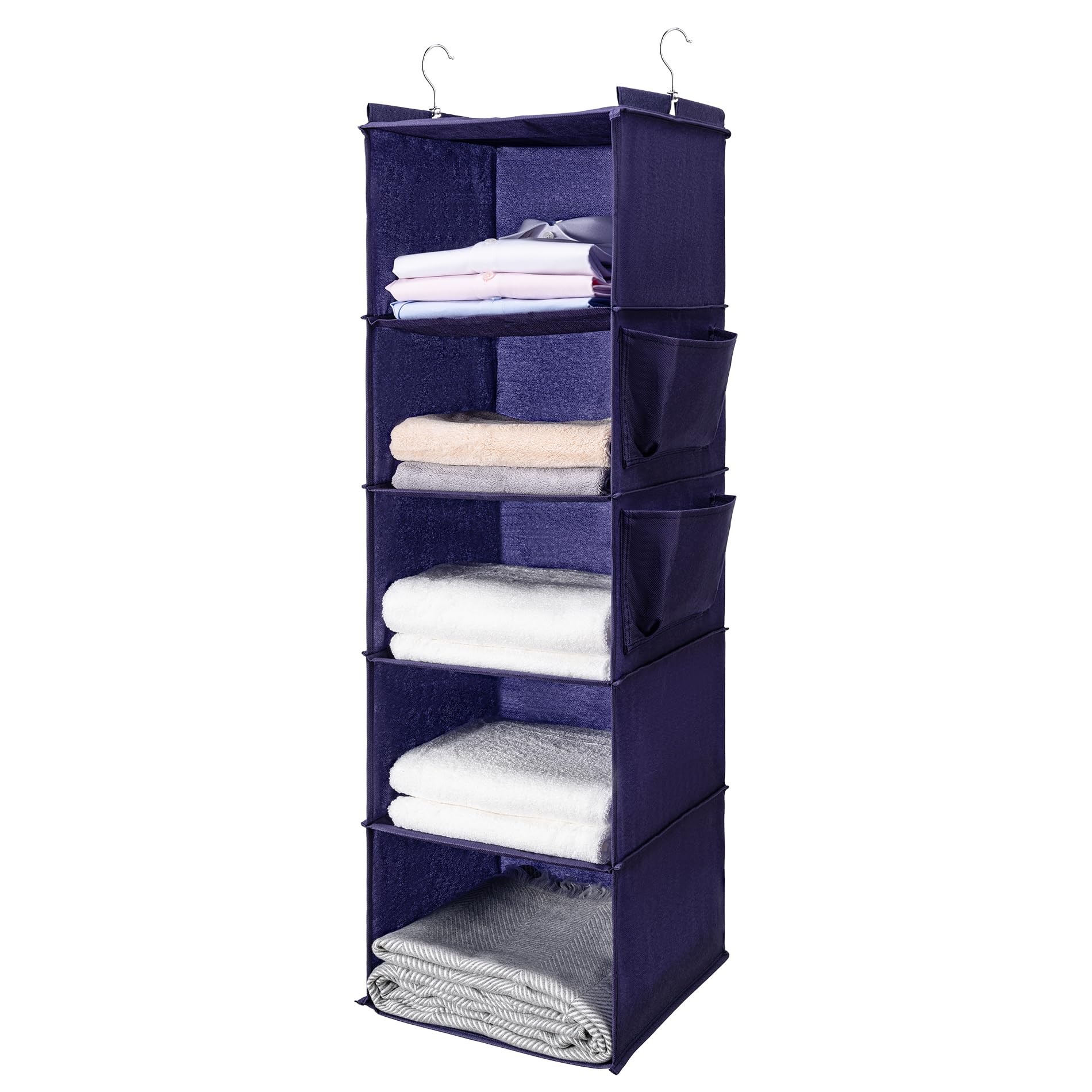 BOOMIBOO Hanging Closet Organize and Shelves，5-Hanging Shelf with 2 Side Pockets，Storage Foldable