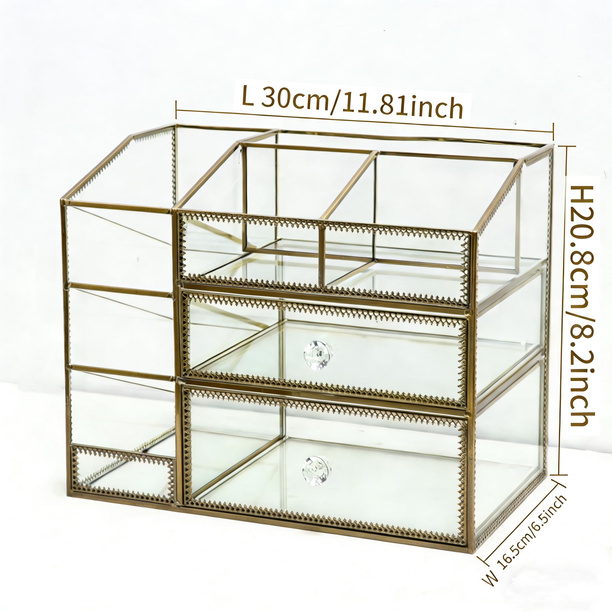 Glass Makeup Organizer for Vanity Countertop, Vintage Lace Cosmetic Storage Cabinet with 2 Drawers, Open Top Lipstick & Skincare Holder, Desktop Beauty Display Case, Available in Gold, Silver & Bronze