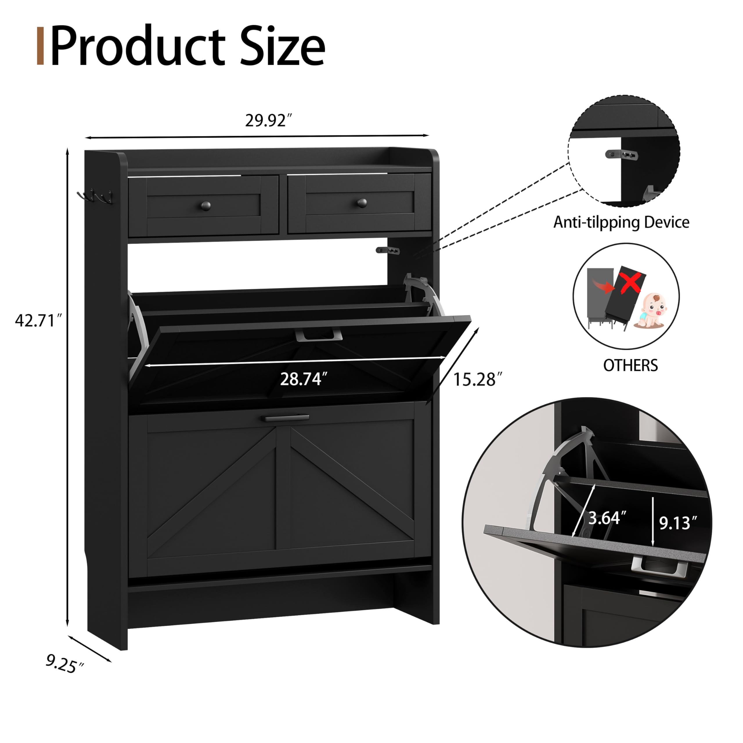 Xixini Shoe Cabinet Flip Drawers & Top Drawers