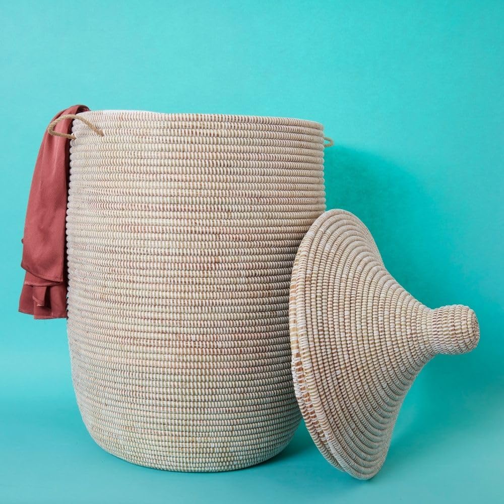 Extra Large Decorative Wicker Storage Basket with Lid, Laundry Hamper, Blanket Storage, Toys Bin, Clothes Holder, Boho Style, 20" Wide, 26" Tall