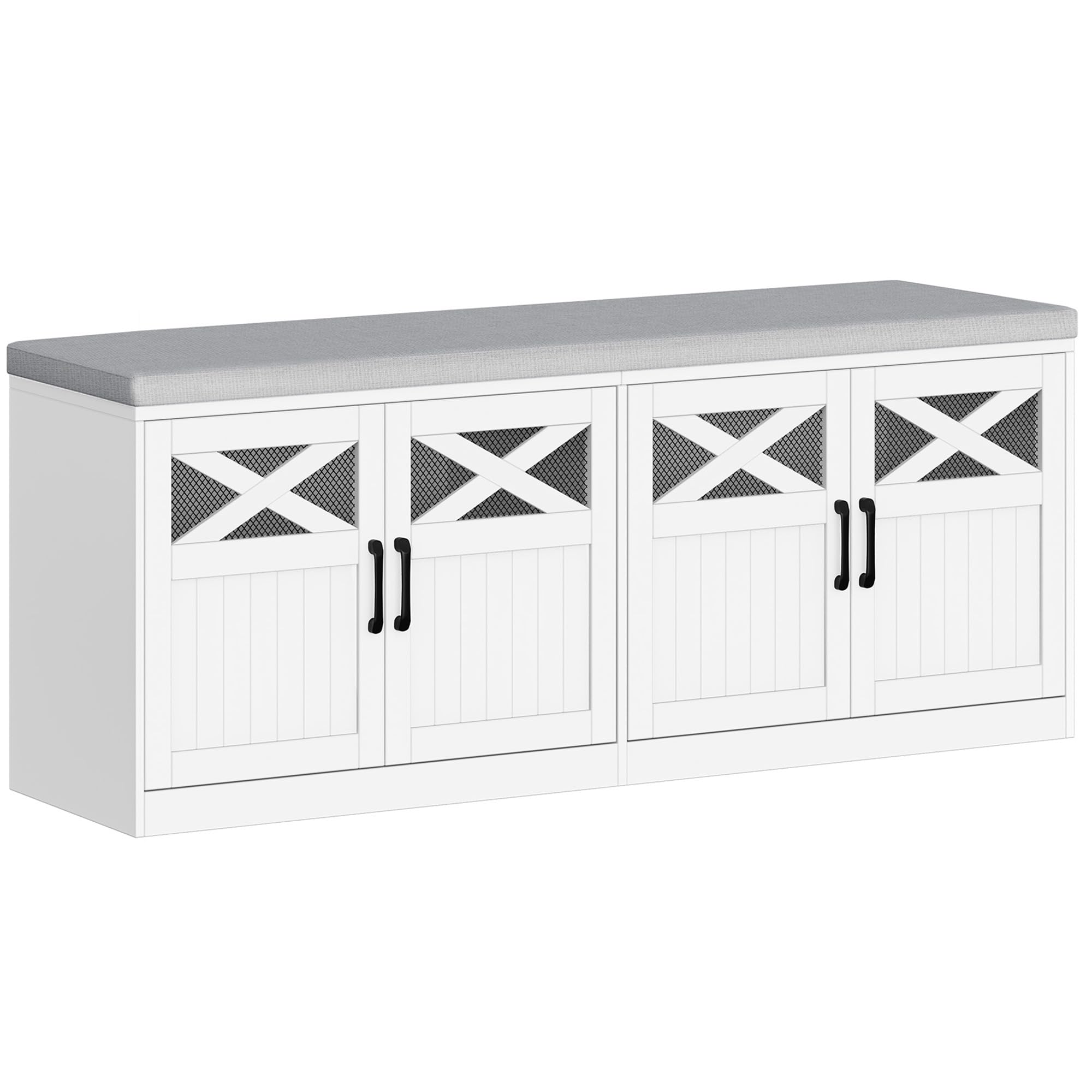 Hzuaneri 2 Tier Shoe Storage Bench with Doors, Shoe Bench with Padded Cushion, Bed End Bench, Entryway Bench with Storage for Bedroom, Living Room