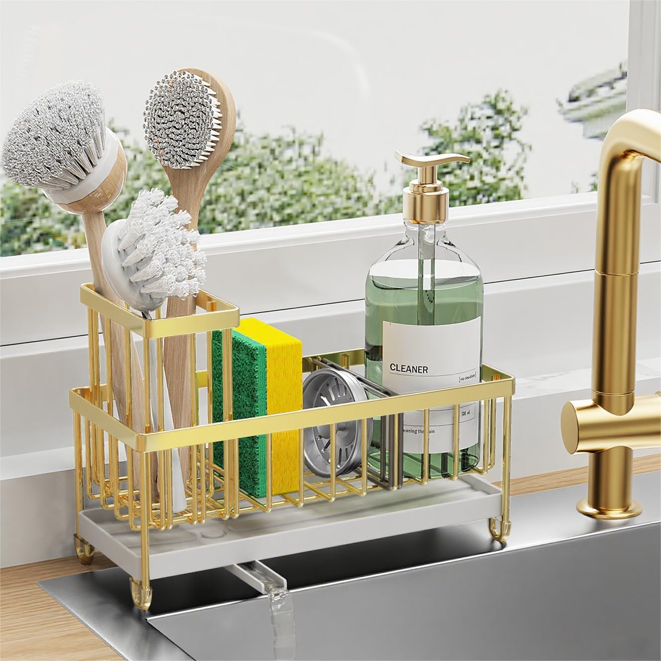 Cisily Sponge Holder for Kitchen Sink, Sink Caddy Organizer with High Brush Holder, Kitchen Countertop Organizers and Storage Essentials