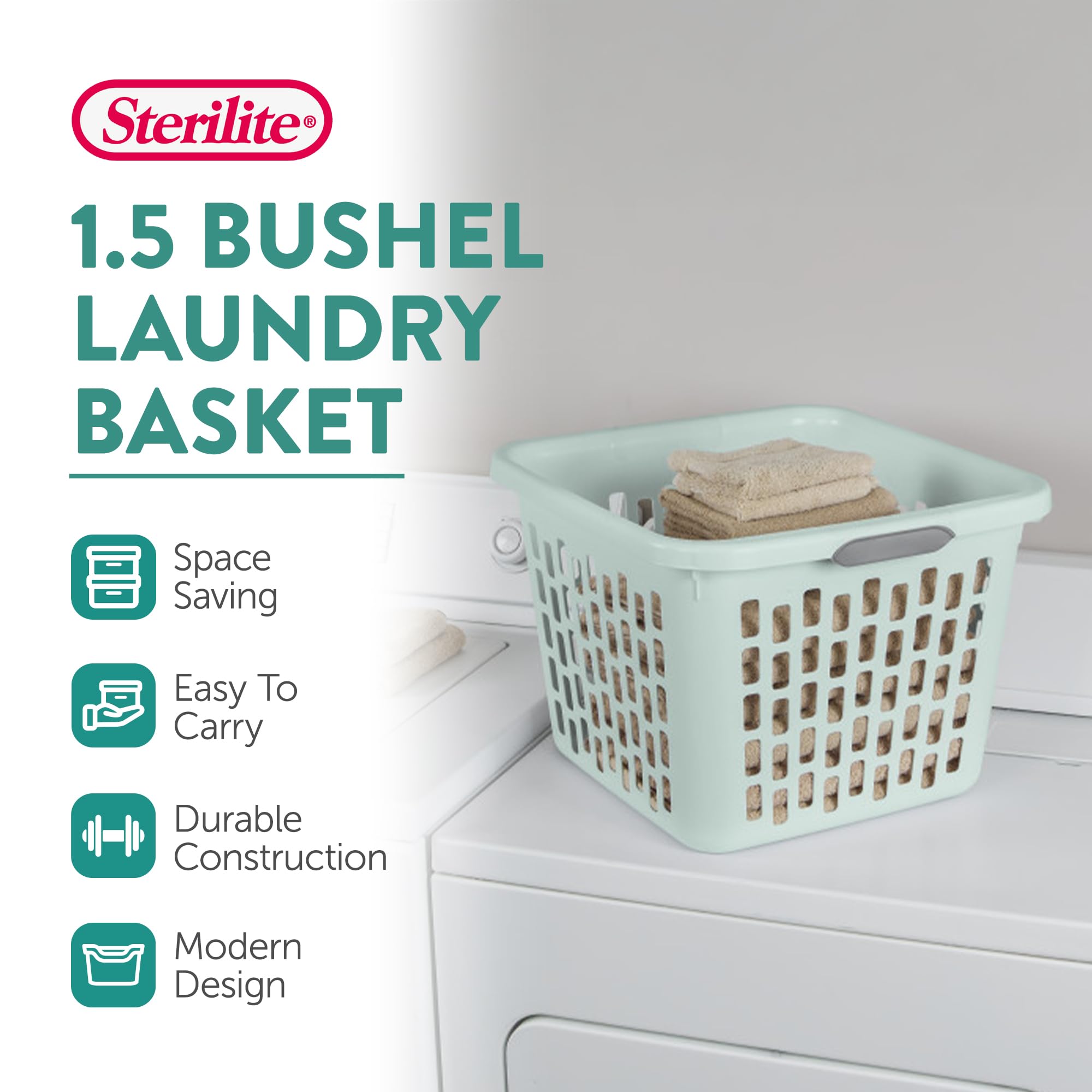 Sterilite Laundry Basket, Plastic Clothes Hamper, Large Square Bin with Comfort Grip Handles and Reinforced Rim