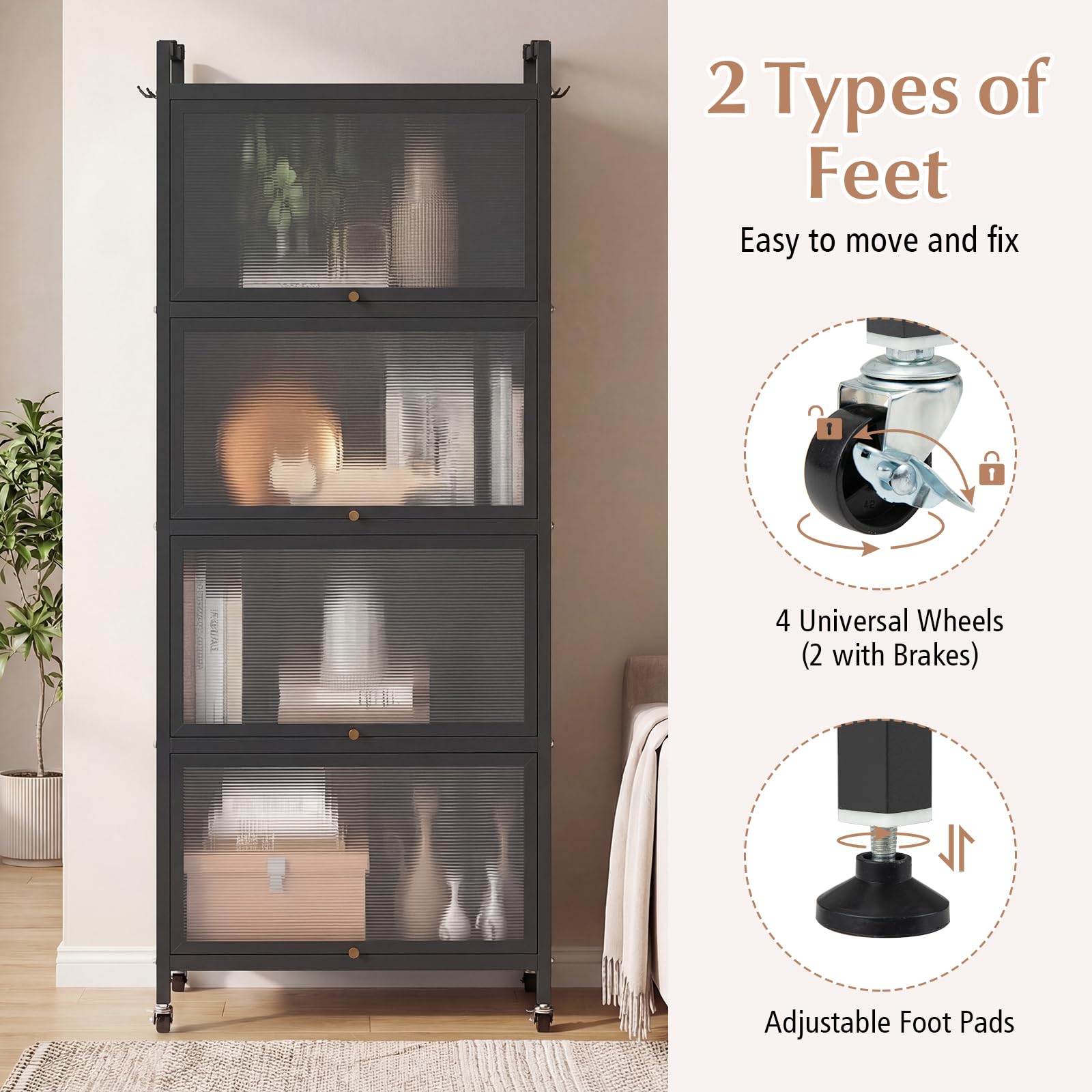 Giantex 5-Tier Kitchen Storage Cabinet, Mobile Microwave Stand with Flip-up PC Doors, Freestanding Kitchen Bakers Rack with 4 Rolling Casters, for Dining Room, Living Room and Study