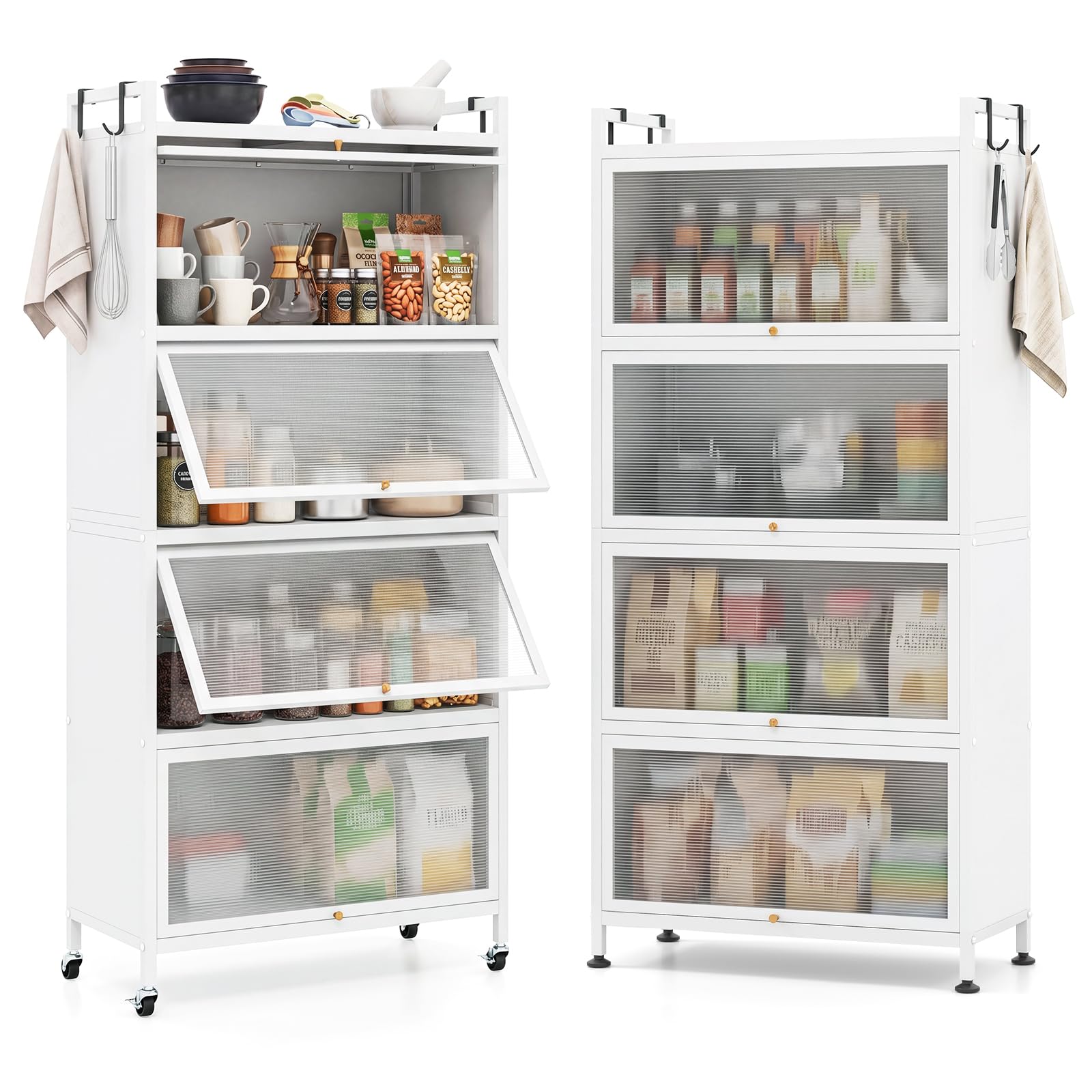 Giantex 5-Tier Kitchen Storage Cabinet, Mobile Microwave Stand with Flip-up PC Doors, Freestanding Kitchen Bakers Rack with 4 Rolling Casters, for Dining Room, Living Room and Study