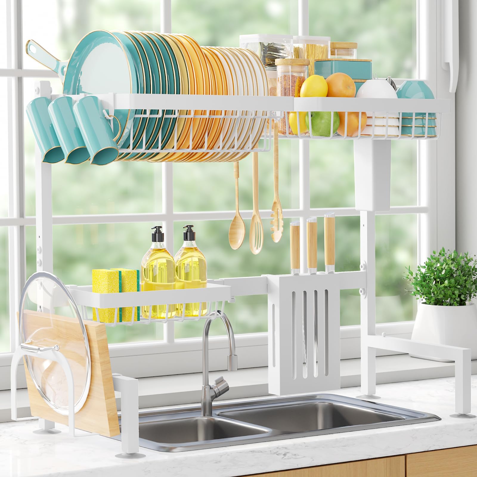 Sakugi Over The Sink Dish Drying Rack - Adjustable Stainless Steel Drainer with Cutlery & Utensil Holders, Kitchen Storage & Organization