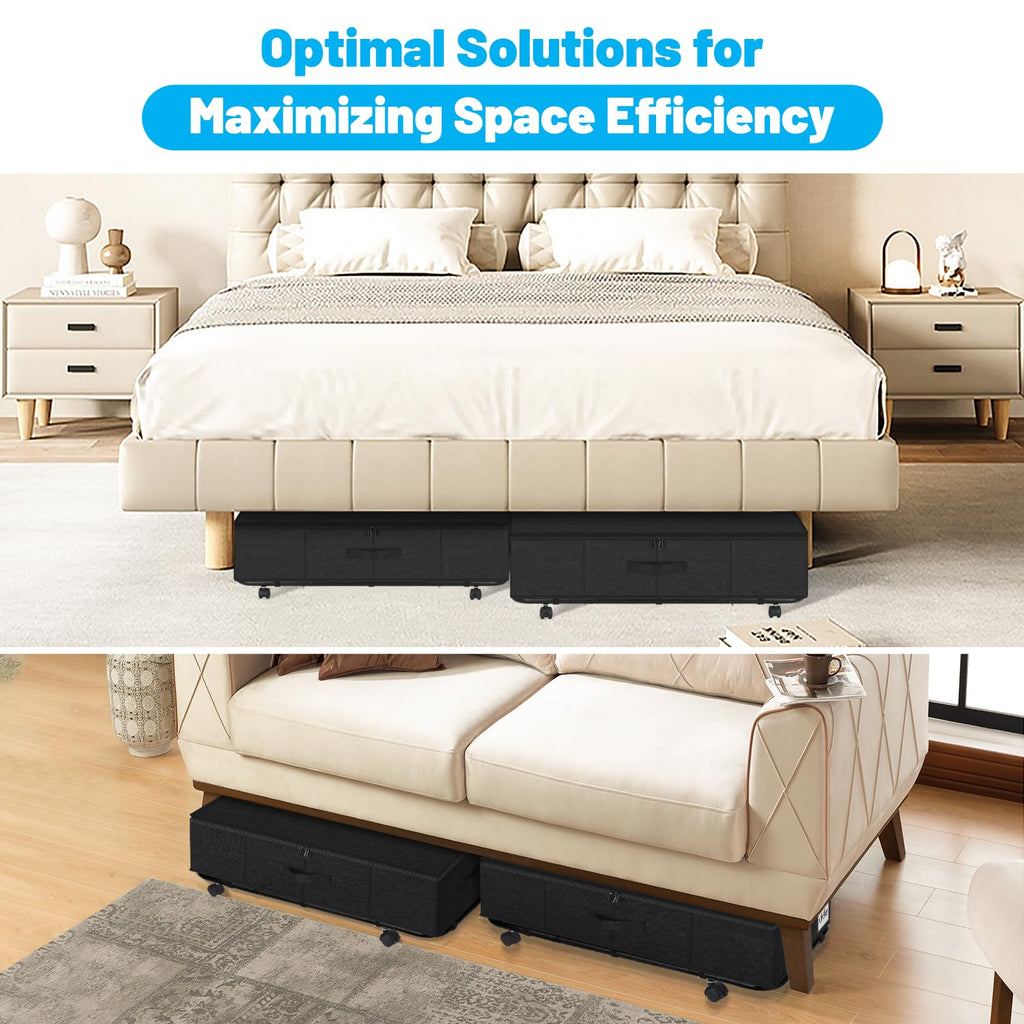 Under Bed Storage with Wheels, 2-Pack 10" Height XXL 60L Rolling Storage Bins, Quick Assembly Underbed Shoe Storage Containers with Clear Lid & Label, Dorm Under bed Drawers for Clothes, Shoes
