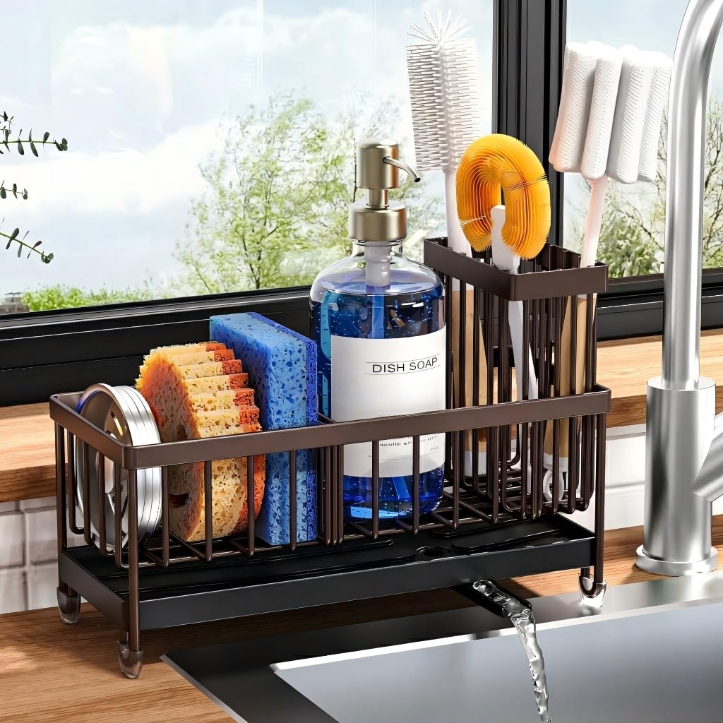 Cisily Sponge Holder for Kitchen Sink, Sink Caddy Organizer with High Brush Holder, Kitchen Countertop Organizers and Storage Essentials