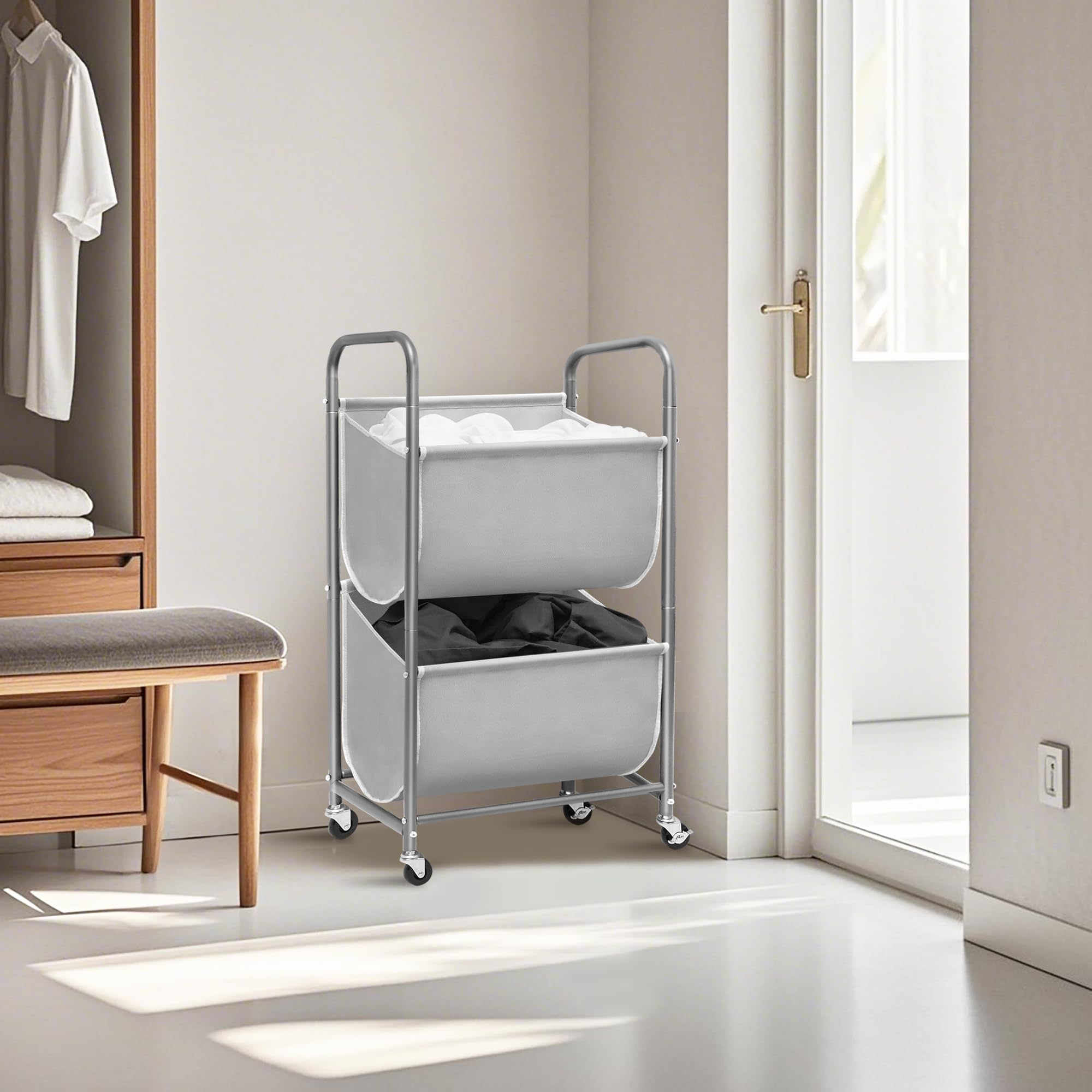 STORAGE MANIAC 80 Liters Vertical Rolling Laundry Hamper, 2 Section Laundry Sorter with Wheels and 2 Breaks, 2-tier Laundry Baskets for Small Space, Dorm, Laundry Room, Closet, Bathroom