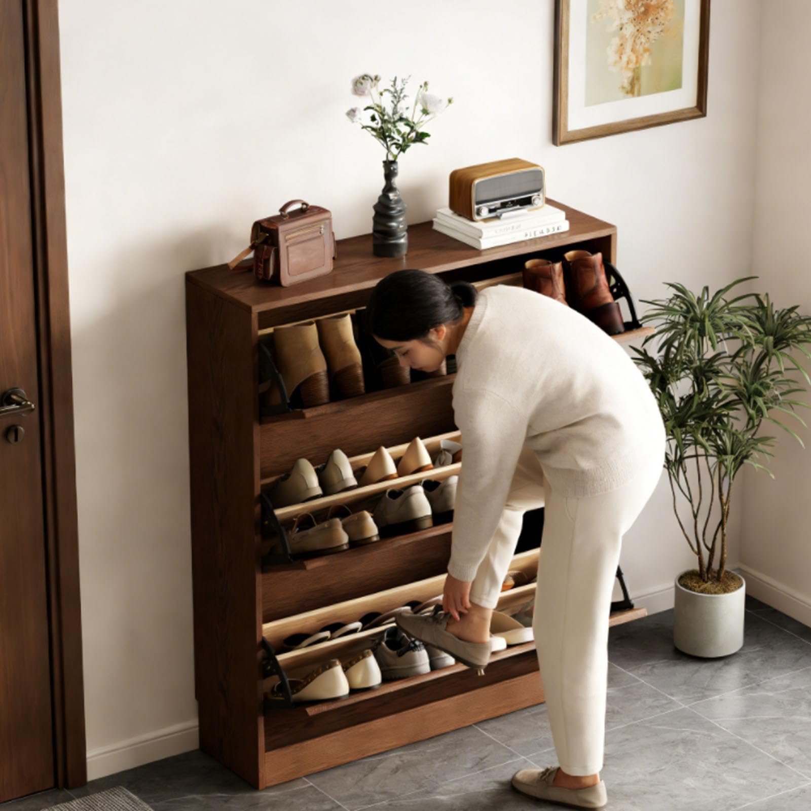 KungFuWood Soild Wood Shoe Storage Cabinet with 3 Flip Drawers for Entryway,Narrow Shoe Rack Cabinet with Adjustable Shelves,Morden Hidden Shoe Organizer,Foyer, Hallway
