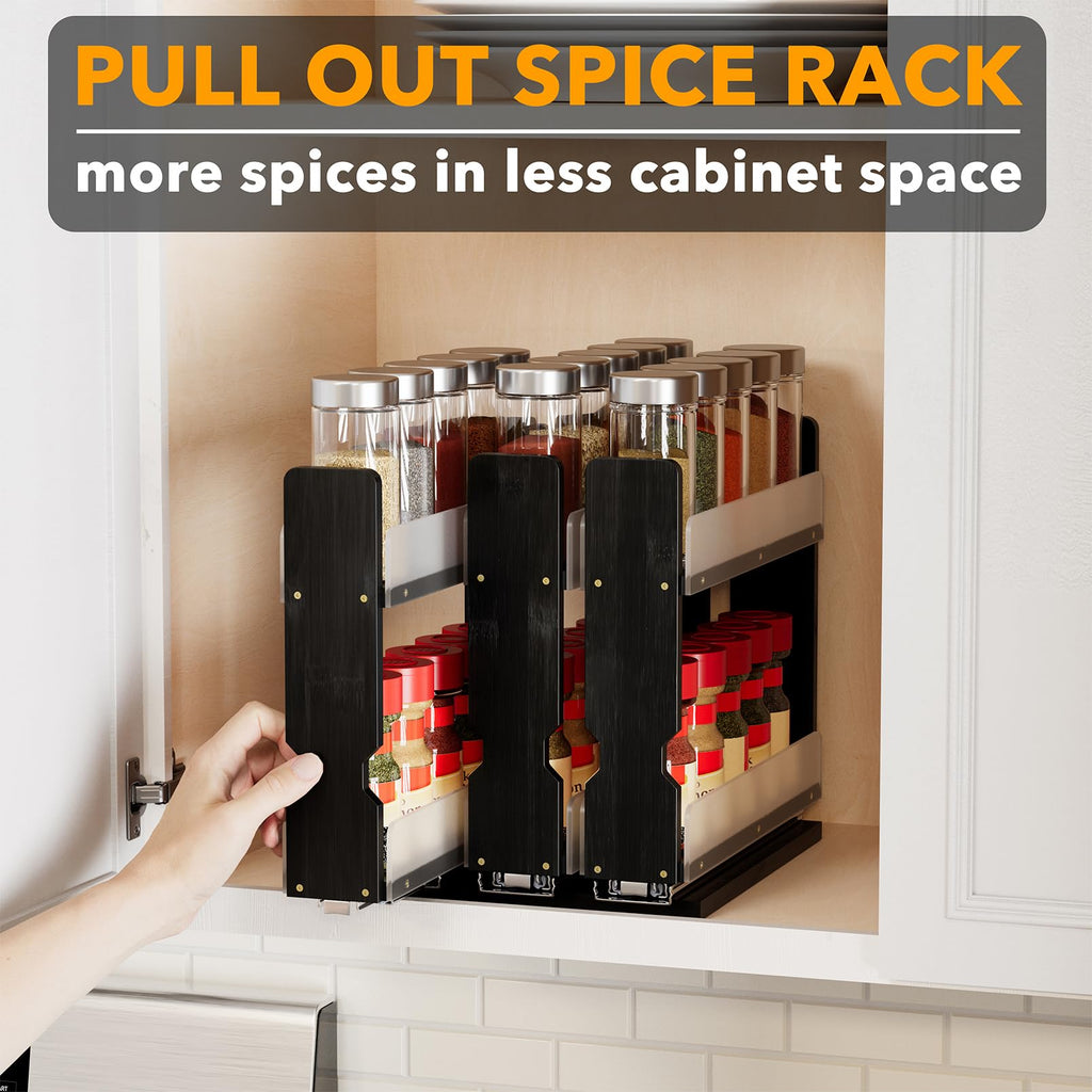 SpaceAid Bamboo Pull Out Spice Rack Organizer for Cabinet, Heavy Duty Slide Out Seasoning Kitchen Pantry Sliding Vertical Organization, 7.6" Wide, 3 Drawers(2" Wide), 2-Tier