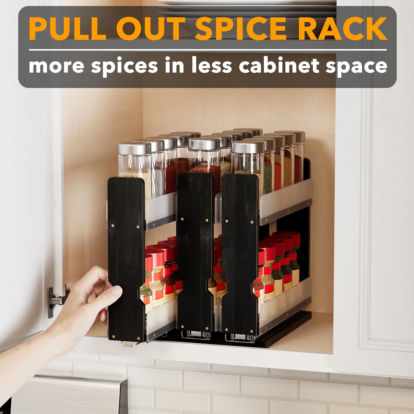 SpaceAid Bamboo Pull Out Spice Rack Organizer for Cabinet, Heavy Duty Slide Out Seasoning Kitchen Pantry Sliding Vertical Organization, 7.6" Wide, 3 Drawers(2" Wide), 2-Tier