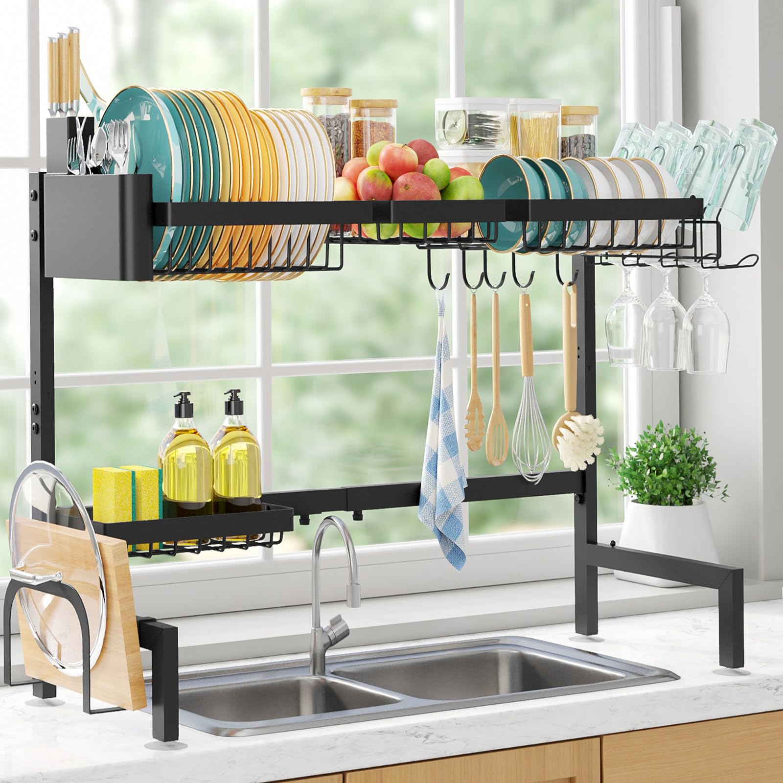 Sakugi Over The Sink Dish Drying Rack - Adjustable Stainless Steel Drainer with Cutlery & Utensil Holders, Kitchen Storage & Organization