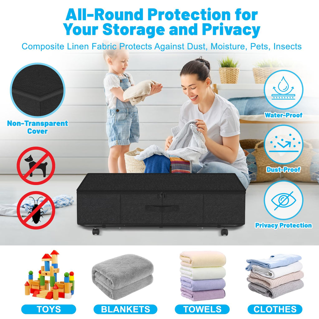 Under Bed Storage with Wheels, 2-Pack 10" Height XXL 60L Rolling Storage Bins, Quick Assembly Underbed Shoe Storage Containers with Clear Lid & Label, Dorm Under bed Drawers for Clothes, Shoes