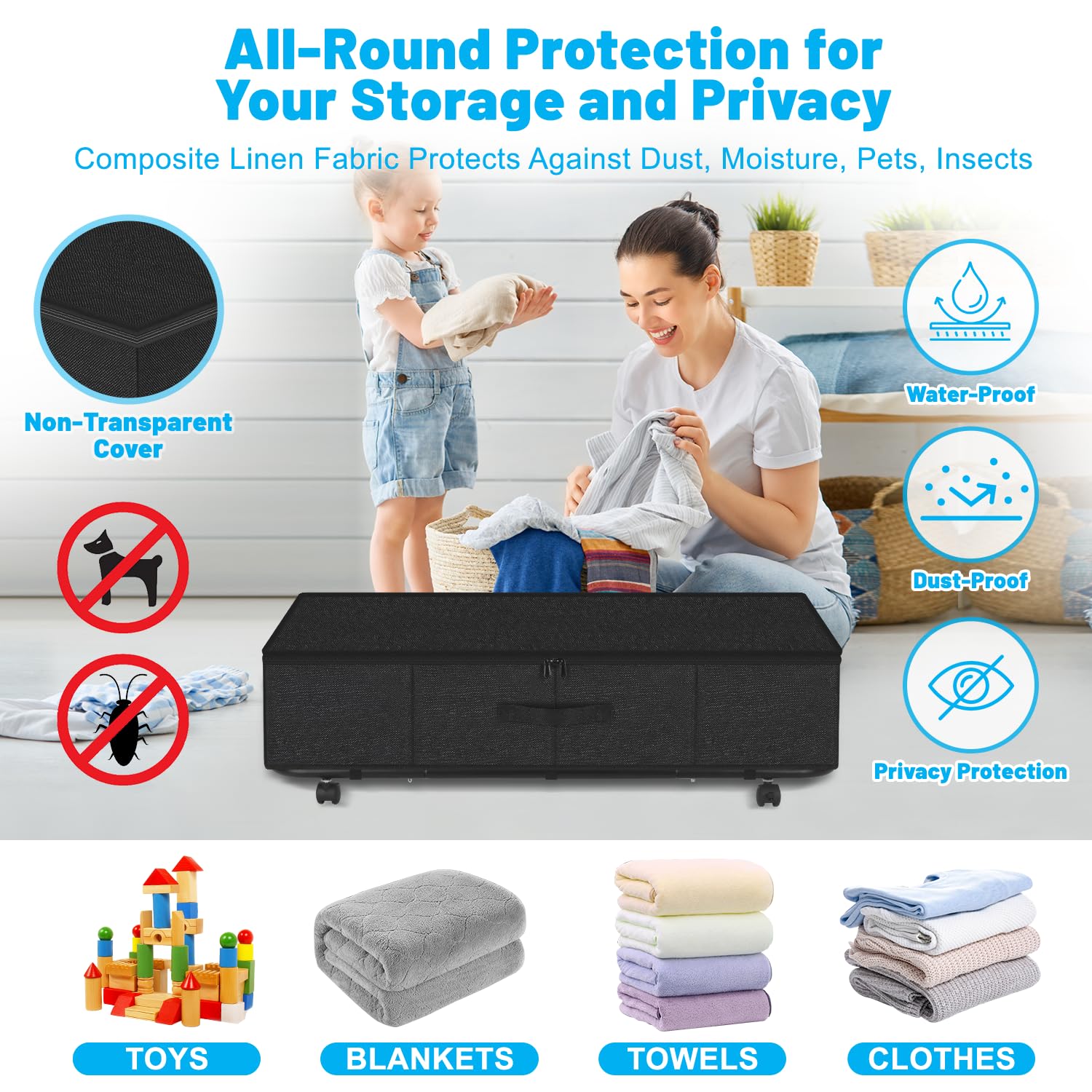 Under Bed Storage with Wheels, 2-Pack 10" Height XXL 60L Rolling Storage Bins, Quick Assembly Underbed Shoe Storage Containers with Clear Lid & Label, Dorm Under bed Drawers for Clothes, Shoes