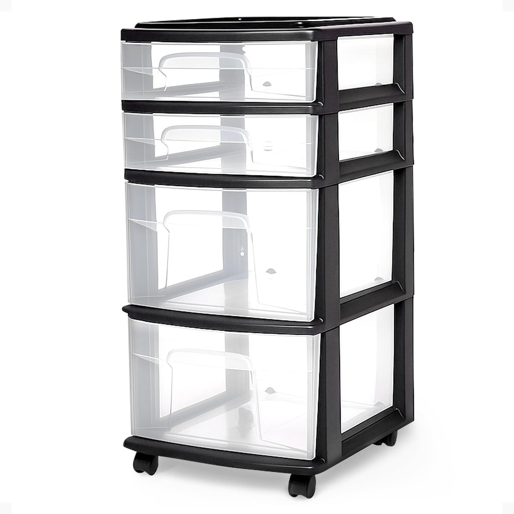 HOMZ Drawer Tower, 4-Tier Clear Plastic Storage Organizer Cart - Organizing Containers with Wheels for Home, Bathroom, Bedroom, Office, and Classroom