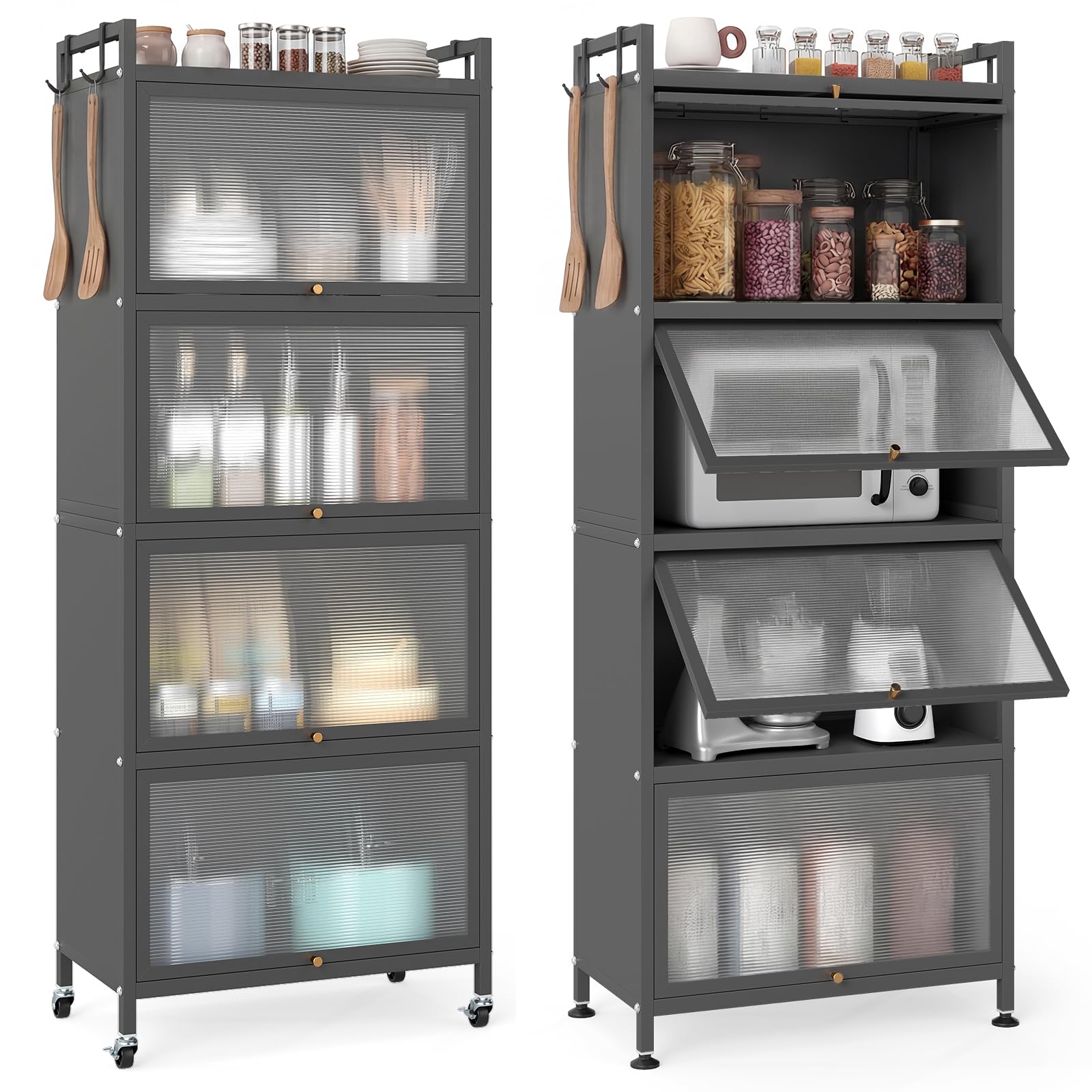 Giantex 5-Tier Kitchen Storage Cabinet, Mobile Microwave Stand with Flip-up PC Doors, Freestanding Kitchen Bakers Rack with 4 Rolling Casters, for Dining Room, Living Room and Study